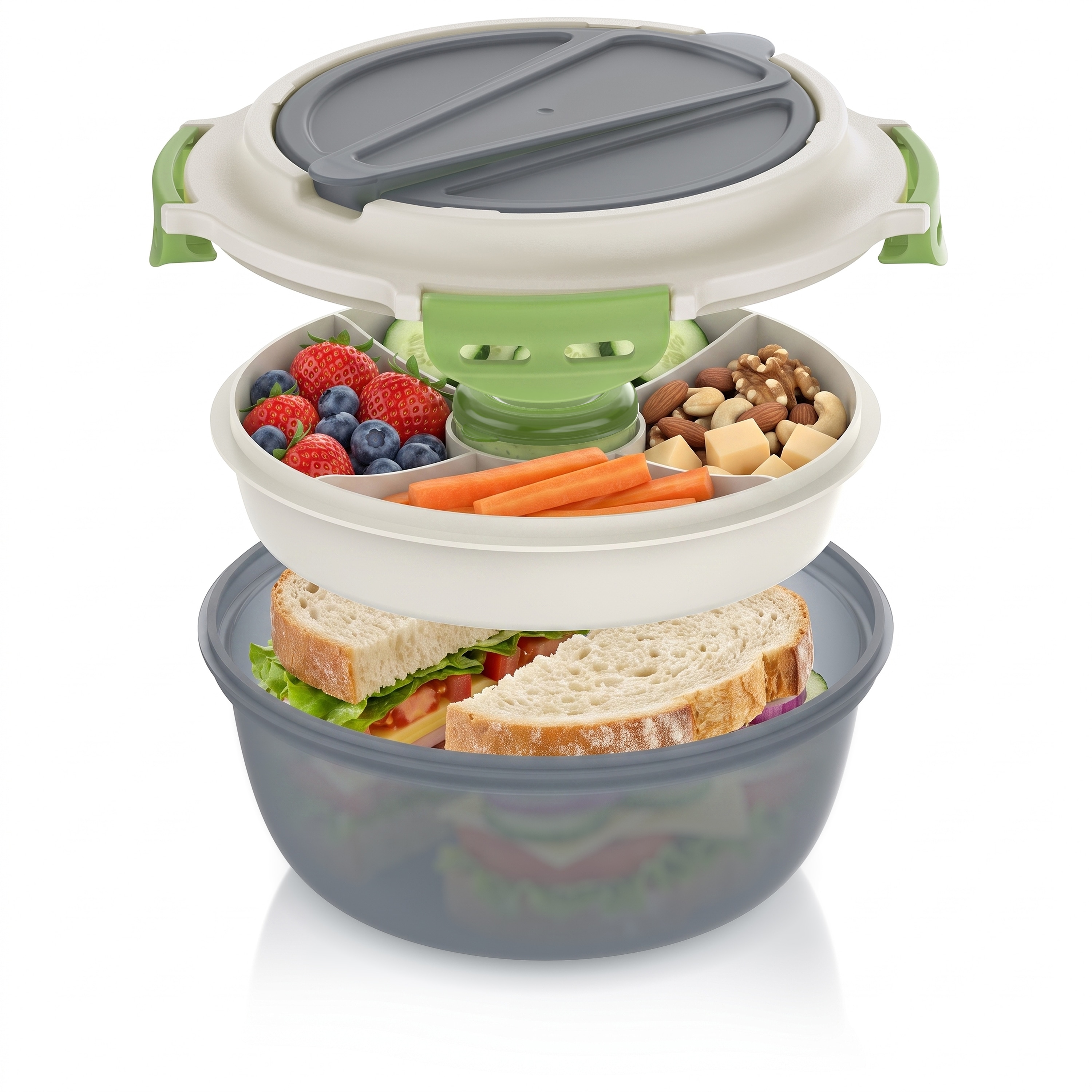 Arendo Lunchbox, Meal Prep Box 1,2l, rund, luftdicht, Brotdose mit Trenntablett & Spork, grau/gr&uuml;n - Bild 1