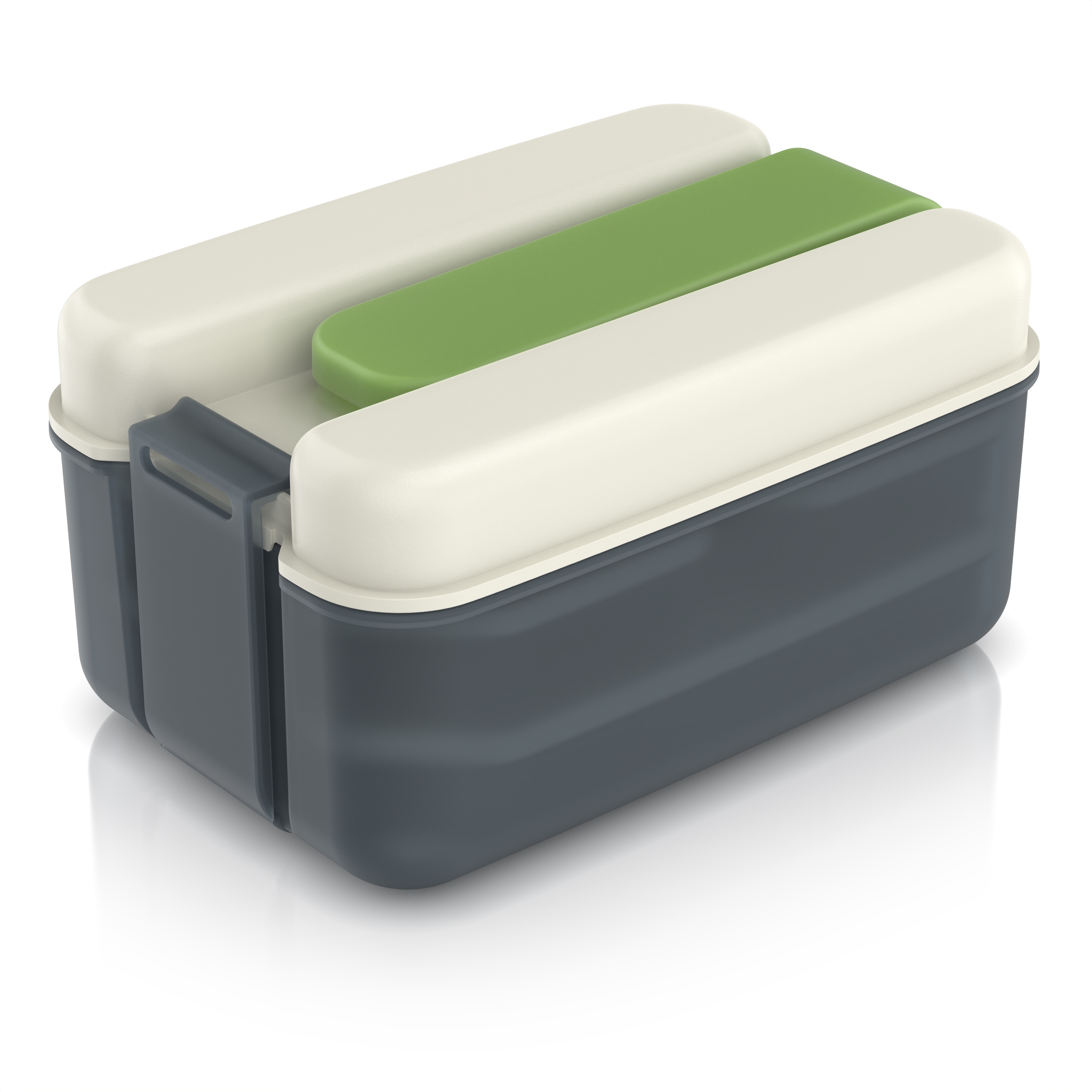 Arendo, Lunchbox 1,2 l mit K&uuml;hlakku, luftdichte Brotdose, 3 Innenboxen & Spork, grau/gr&uuml;n - Bild 1