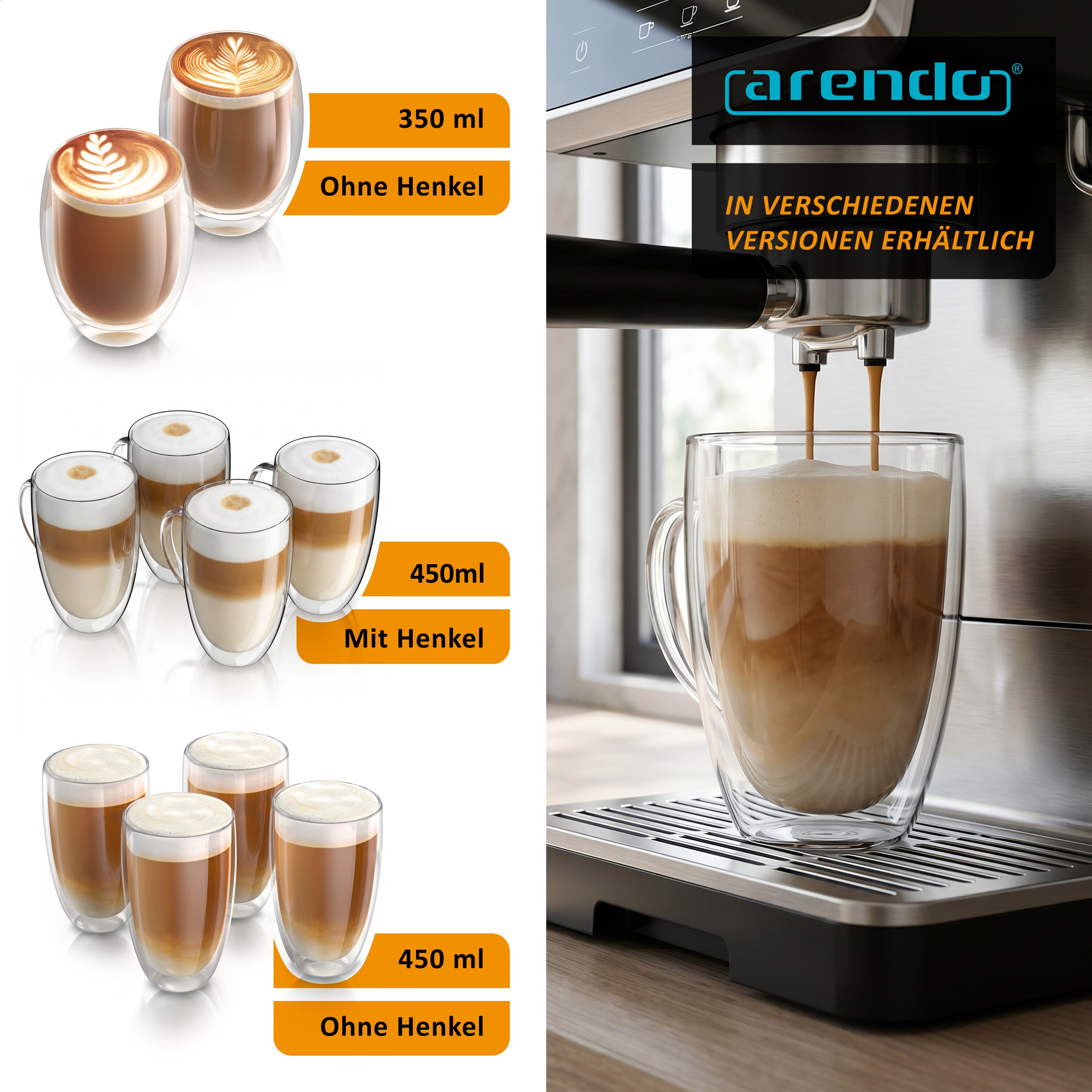Arendo Gläser-Set, Thermoglas Set 4x 450 ml, doppelwandig, mit Henkel, Borosilikatglas, transparent online kaufen bei Netto