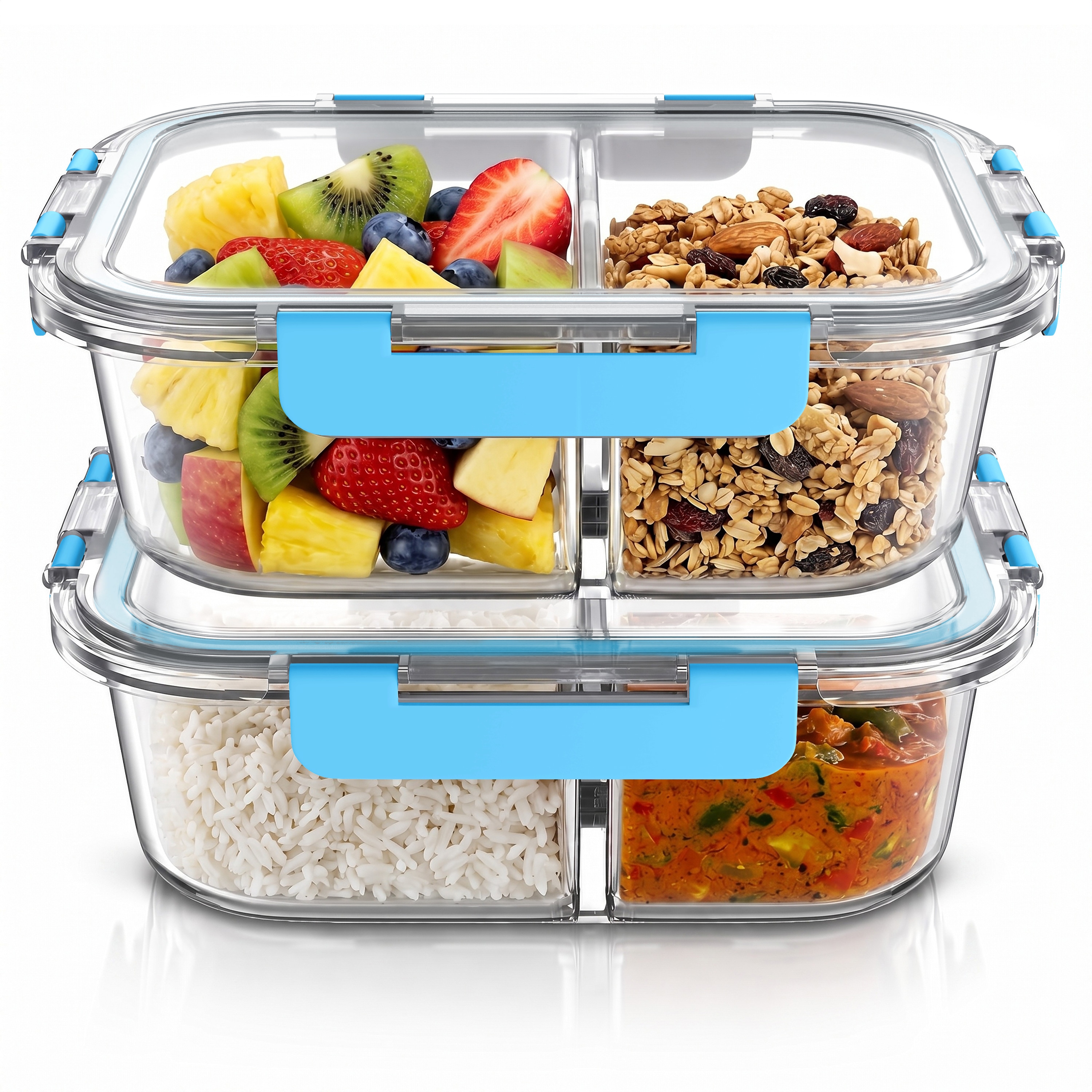 Arendo Frischhaltedose, 2 F&auml;cher, Deckel, 2er Set Glas Vorratsdosen, Lunchboxen, auslaufsicher, transparent/blau - Bild 1