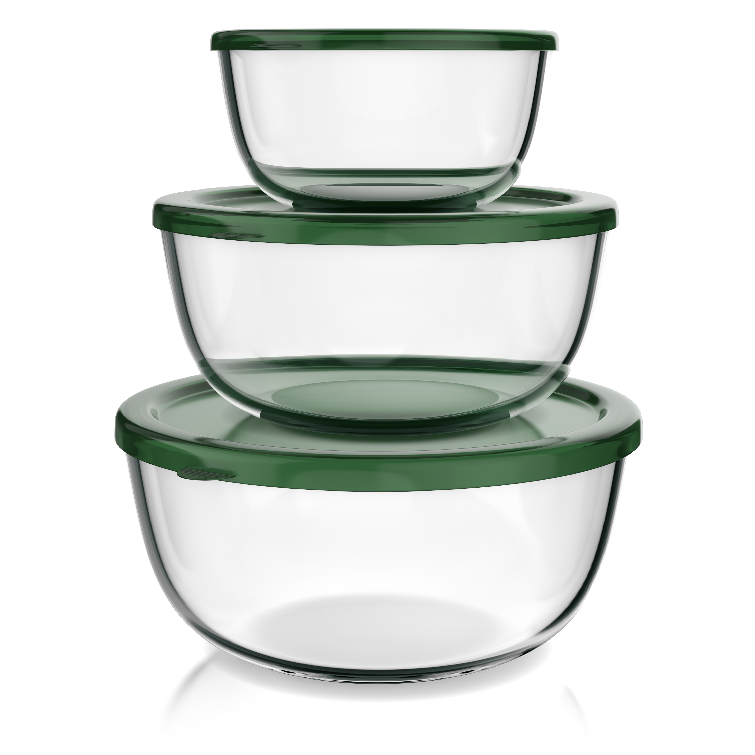 Arendo Salatsch&uuml;ssel, 3er Set mit Deckel, Glassch&uuml;ssel 1,1L / 2,7L / 4,4L, Glas R&uuml;hrsch&uuml;ssel, transparent/dunkelgr&uuml;n - Bild 1