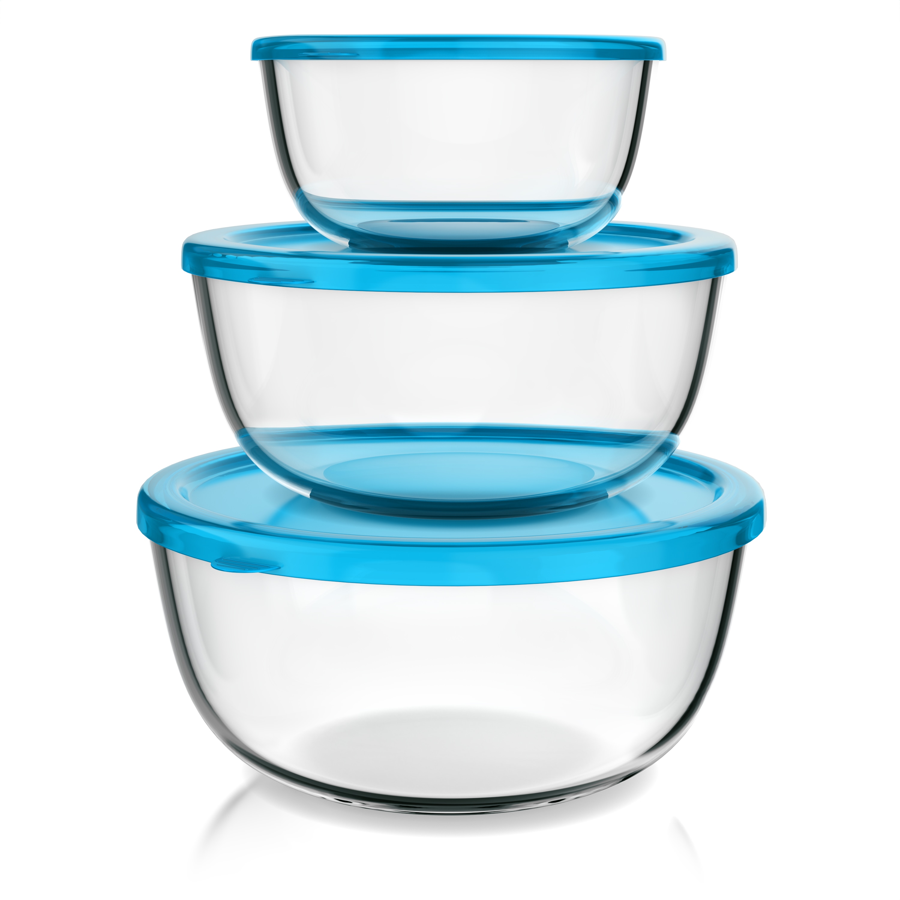 Arendo Salatsch&uuml;ssel, 3er Set mit Deckel, Glassch&uuml;ssel 1,1L / 2,7L / 4,4L, Glas R&uuml;hrsch&uuml;ssel, transparent/blau - Bild 1