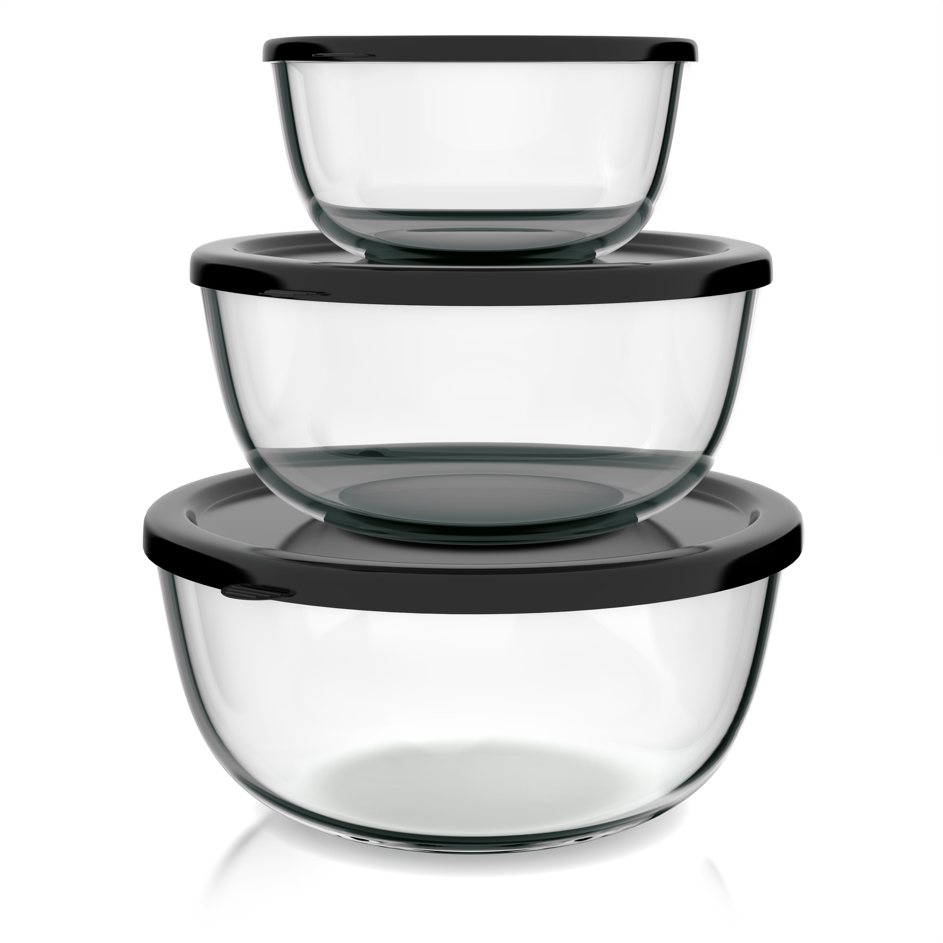 Arendo Salatsch&uuml;ssel, 3er Set mit Deckel, Glassch&uuml;ssel 1,1L / 2,7L / 4,4L, Glas R&uuml;hrsch&uuml;ssel, transparent/schwarz - Bild 1