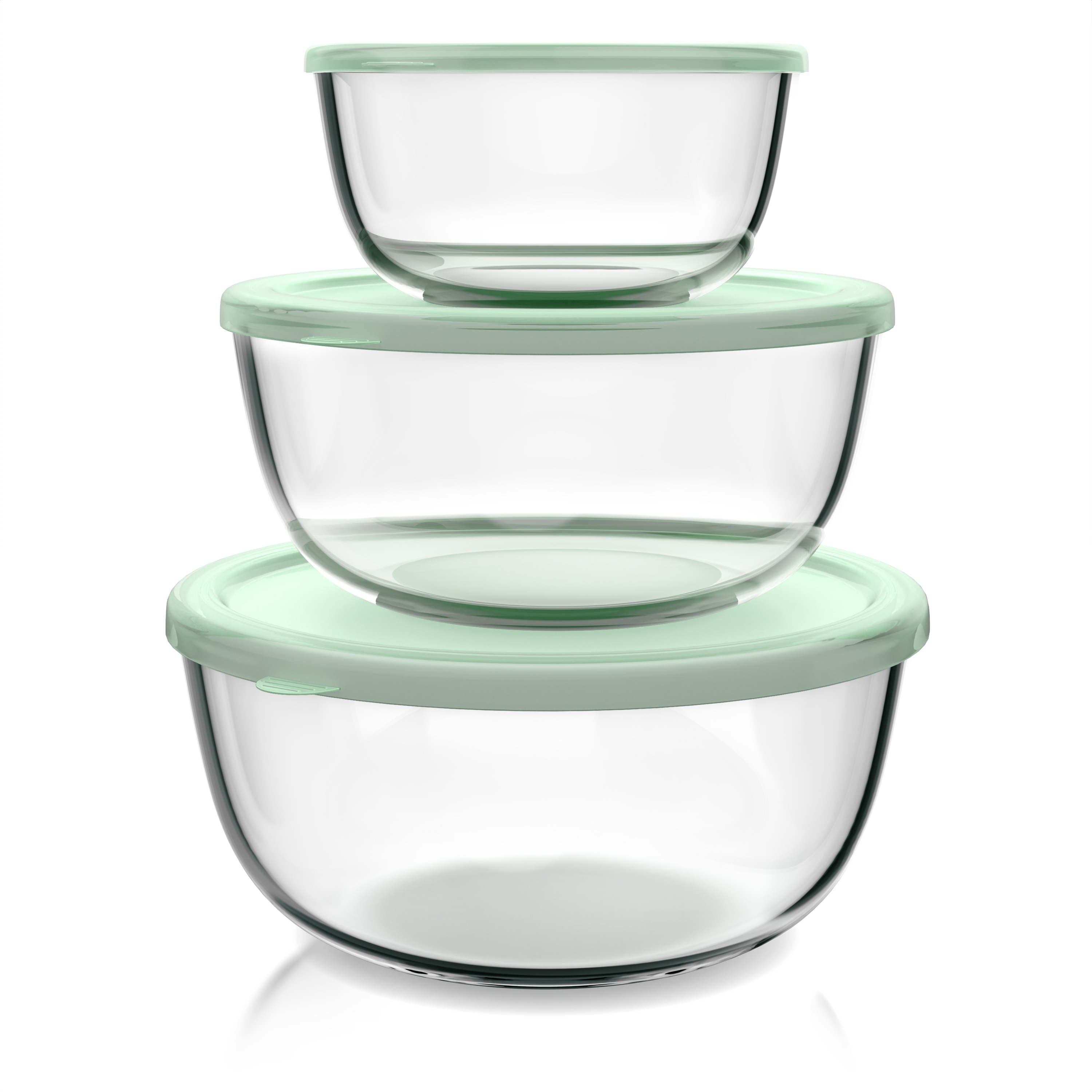 Arendo Salatsch&uuml;ssel, 3er Set mit Deckel, Glassch&uuml;ssel 1,1L / 2,7L / 4,4L, Glas R&uuml;hrsch&uuml;ssel, transparent/mintgr&uuml;n - Bild 1