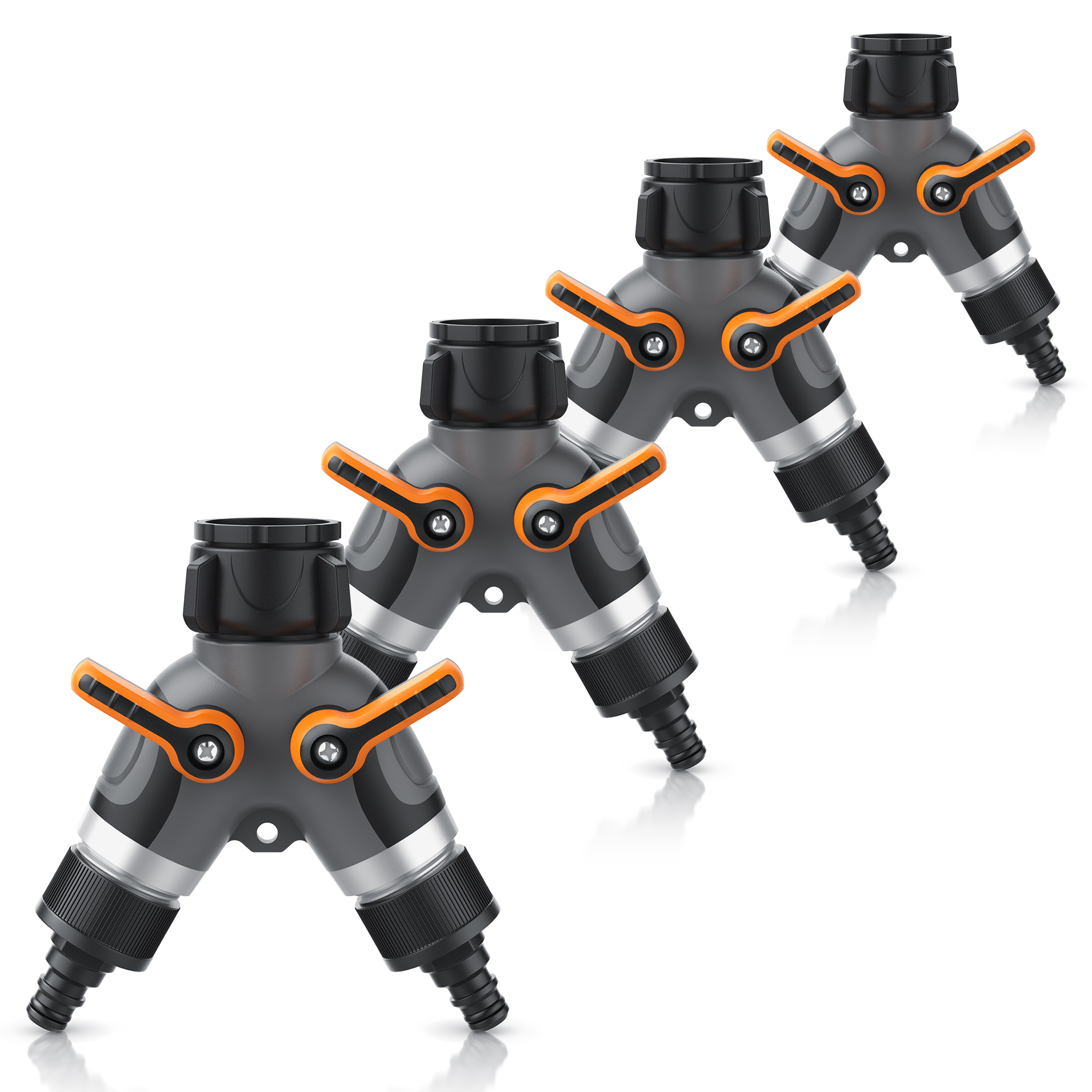 Brandson 4x 2-Wege Verteiler f&uuml;r Gartenschlauch, 3/4 Zoll Wasserverteiler mit 2 regulierbaren Ausg&auml;ngen, schwarz/orange - Bild 1