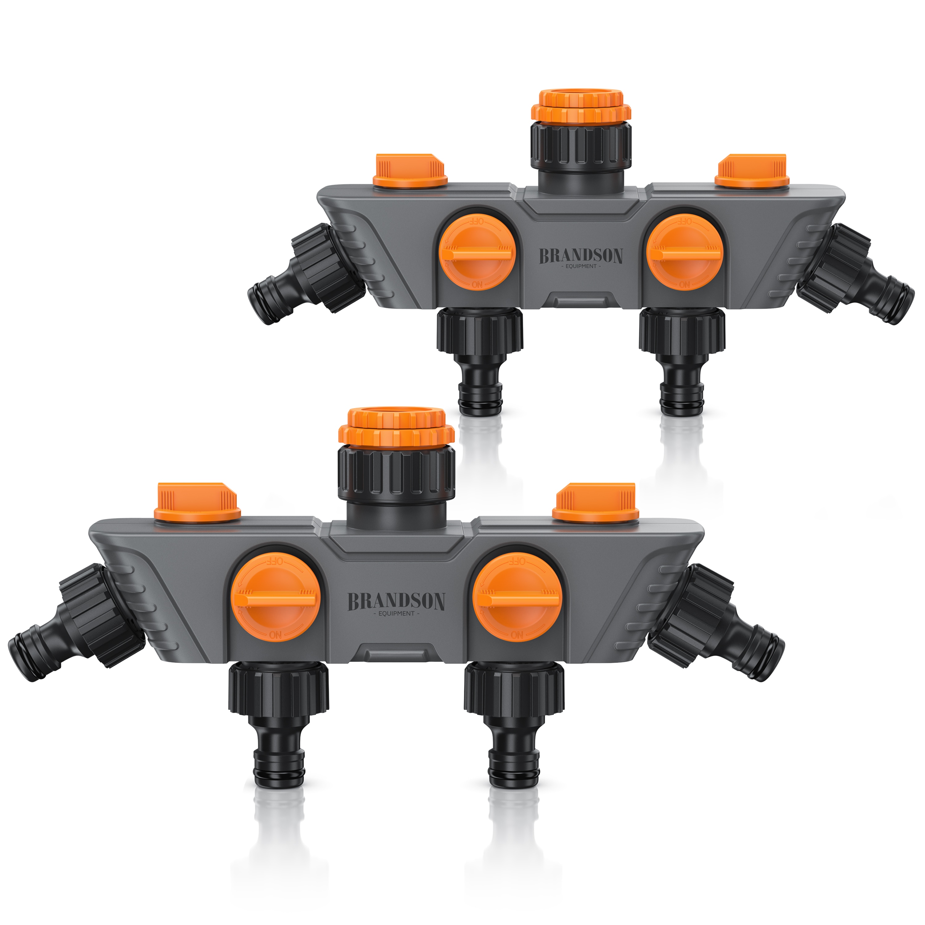 Brandson 2x 4-fach Schlauchverteiler mit 45&deg;-Ausg&auml;ngen, Wasserverteiler 3/4 & 1/2 Zoll, regulierbar, schwarz/orange - Bild 1