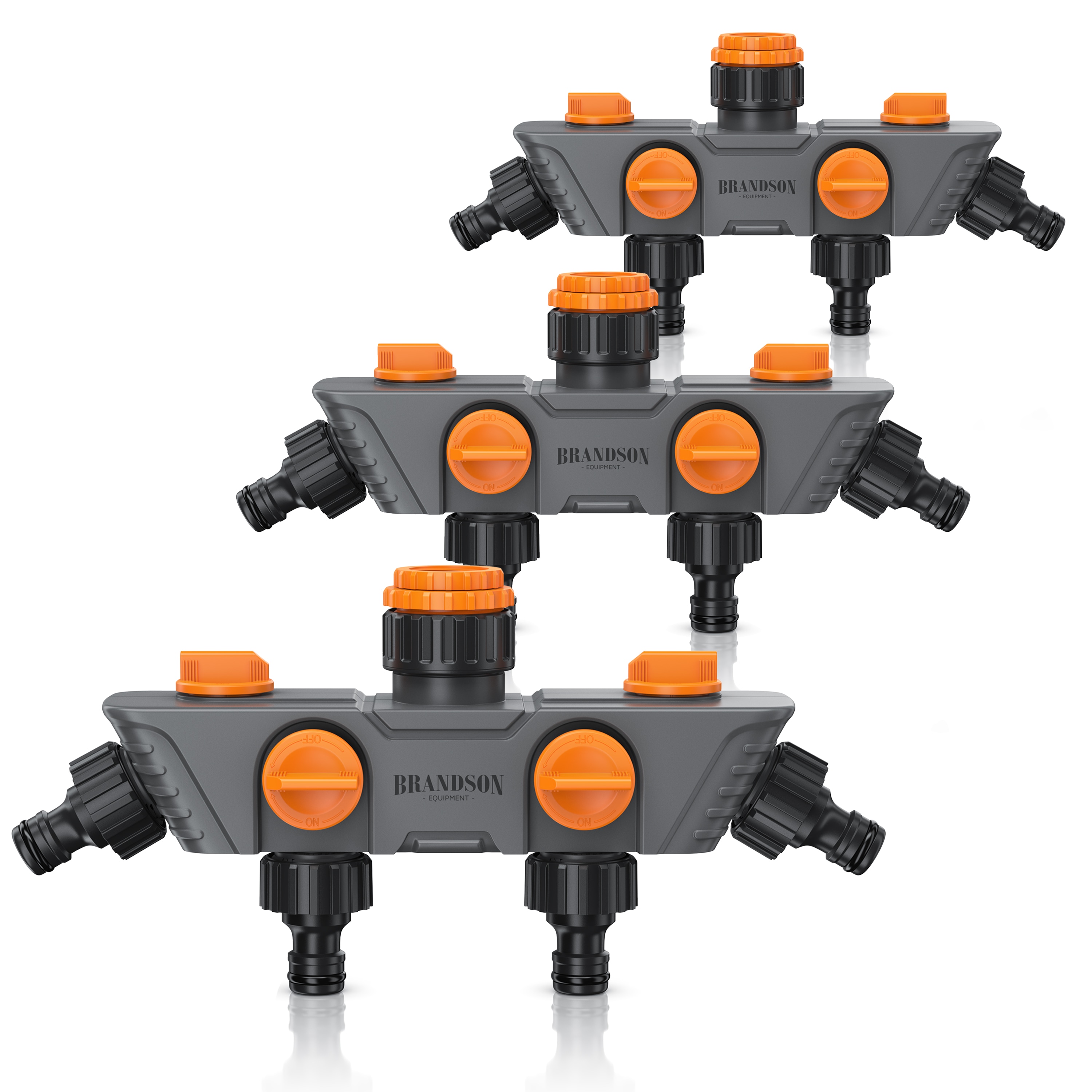 Brandson 3x 4-fach Schlauchverteiler mit 45&deg;-Ausg&auml;ngen, Wasserverteiler 3/4 & 1/2 Zoll, regulierbar, schwarz/orange - Bild 1