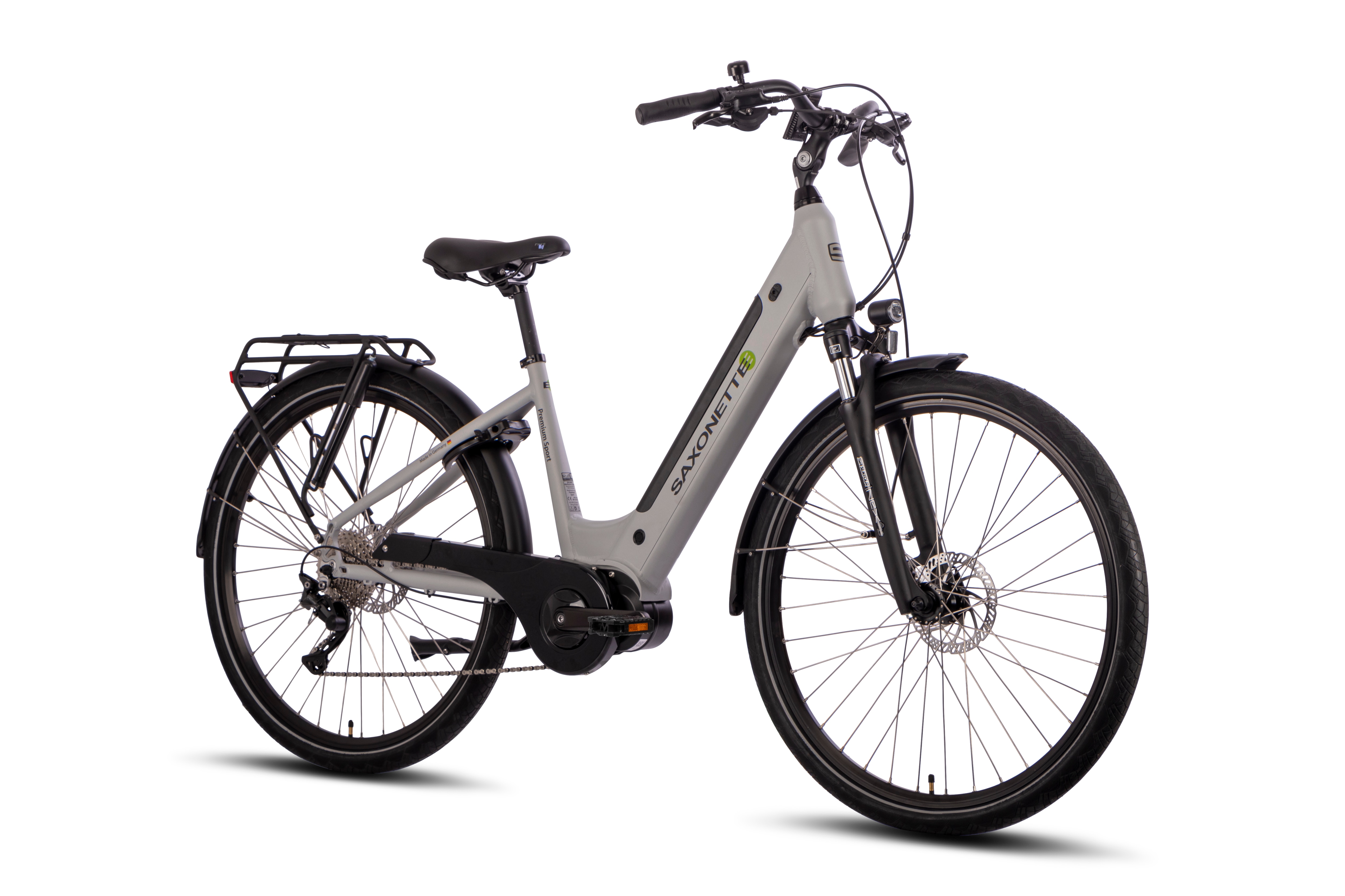 SAXONETTE Premium Sport E-Bike Wave Federgabel Mittelmotor Scheibenbremsen 10 Gang Kettenschaltung silber matt - Bild 1