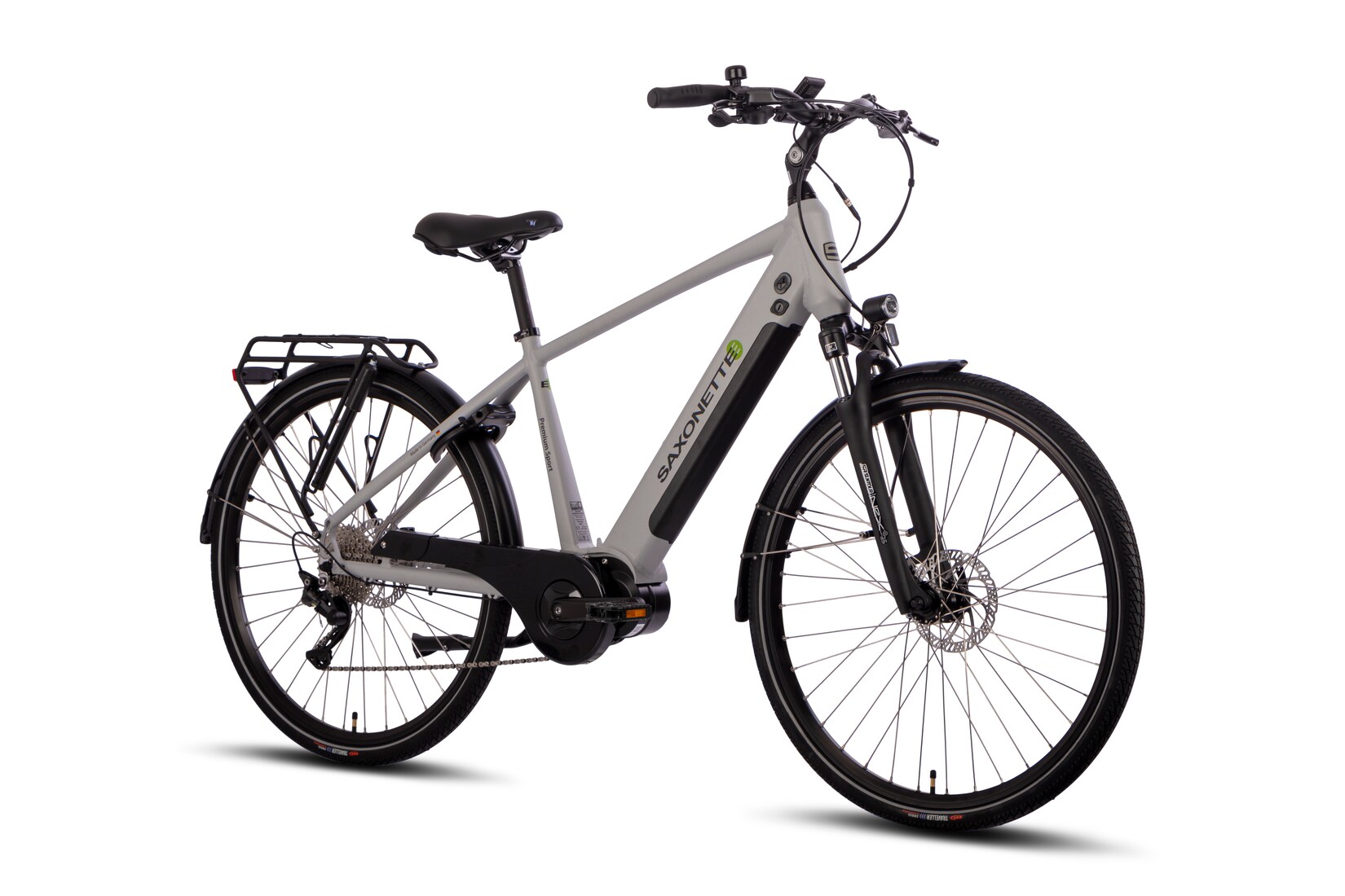 SAXONETTE Premium Sport E-Trekkingbike 10 Gang Scheibenbremse Federgabel Mittelmotor silber matt