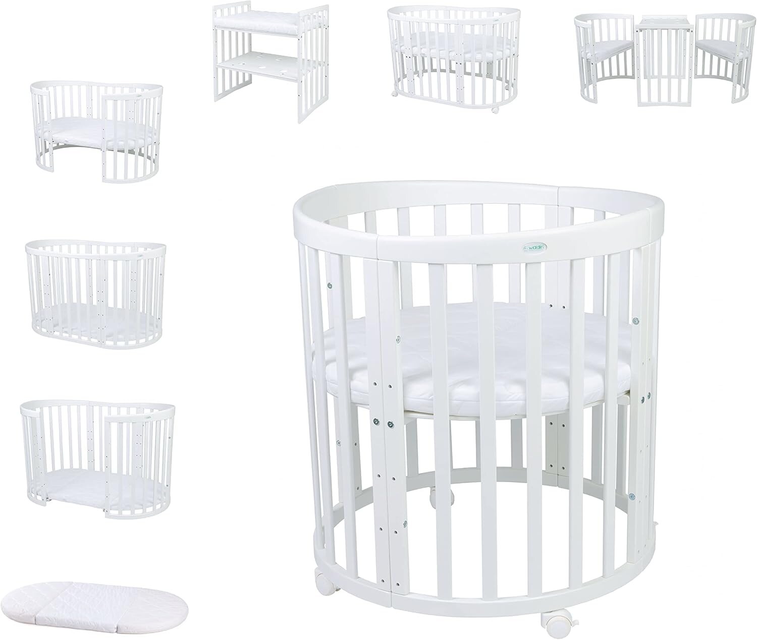 Waldin Babybett OWAL Kinderbett 7in1 mit Matratze, mitwachsendes Kinder-Bett
