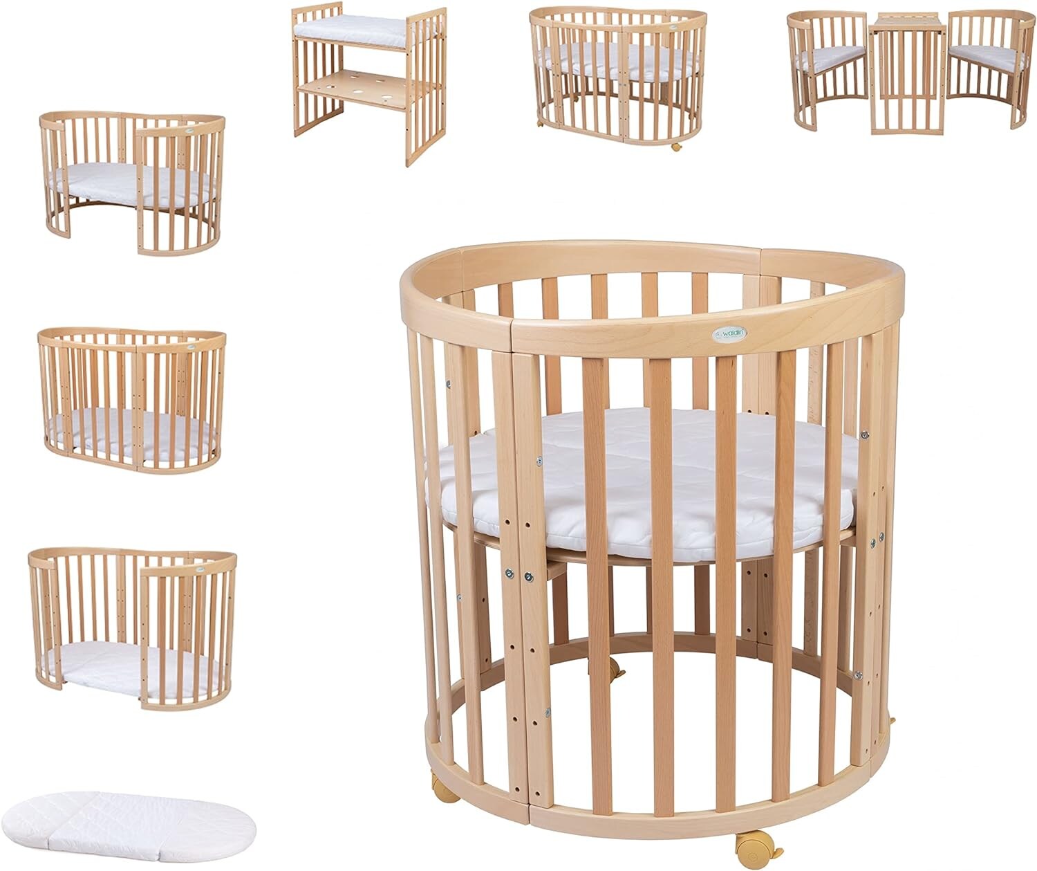Waldin Babybett OWAL Kinderbett 7in1 mit Matratze, mitwachsendes Kinder-Bett