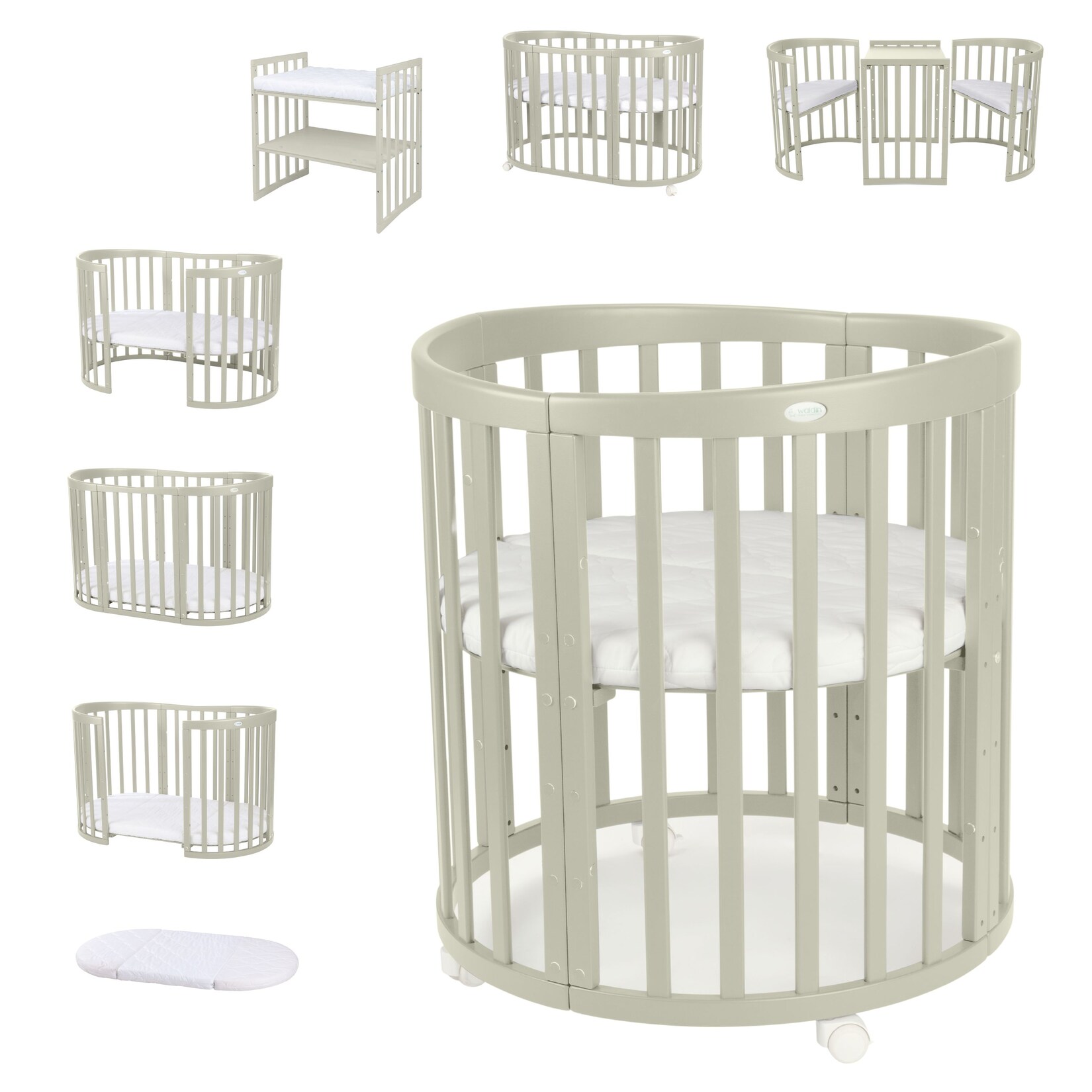 Waldin Babybett OWAL Kinderbett 7in1 mit Matratze, mitwachsendes Kinder-Bett