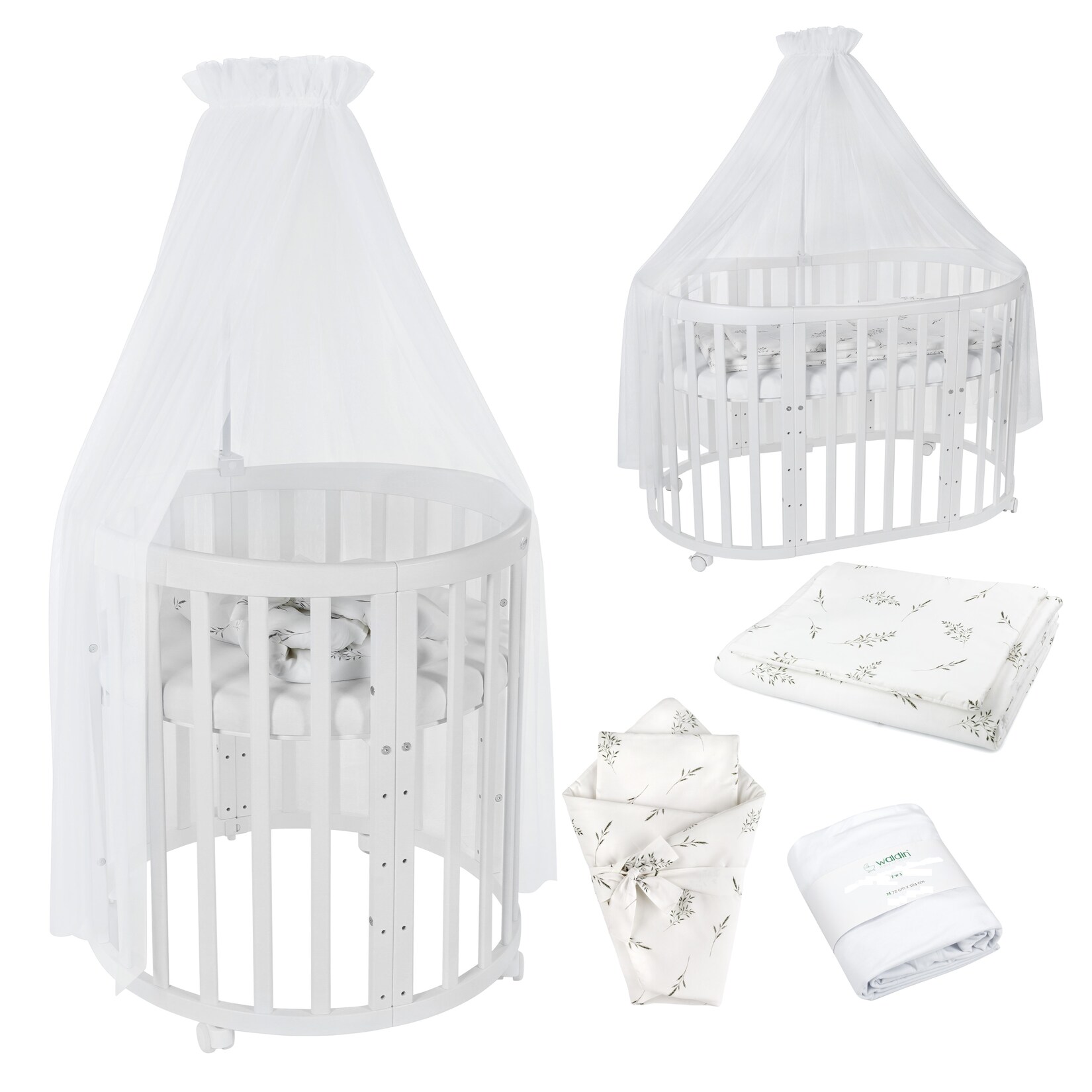 Waldin Babybett OWAL Kinderbett 7in1 mit Matratze, mitwachsendes Kinder-Bett