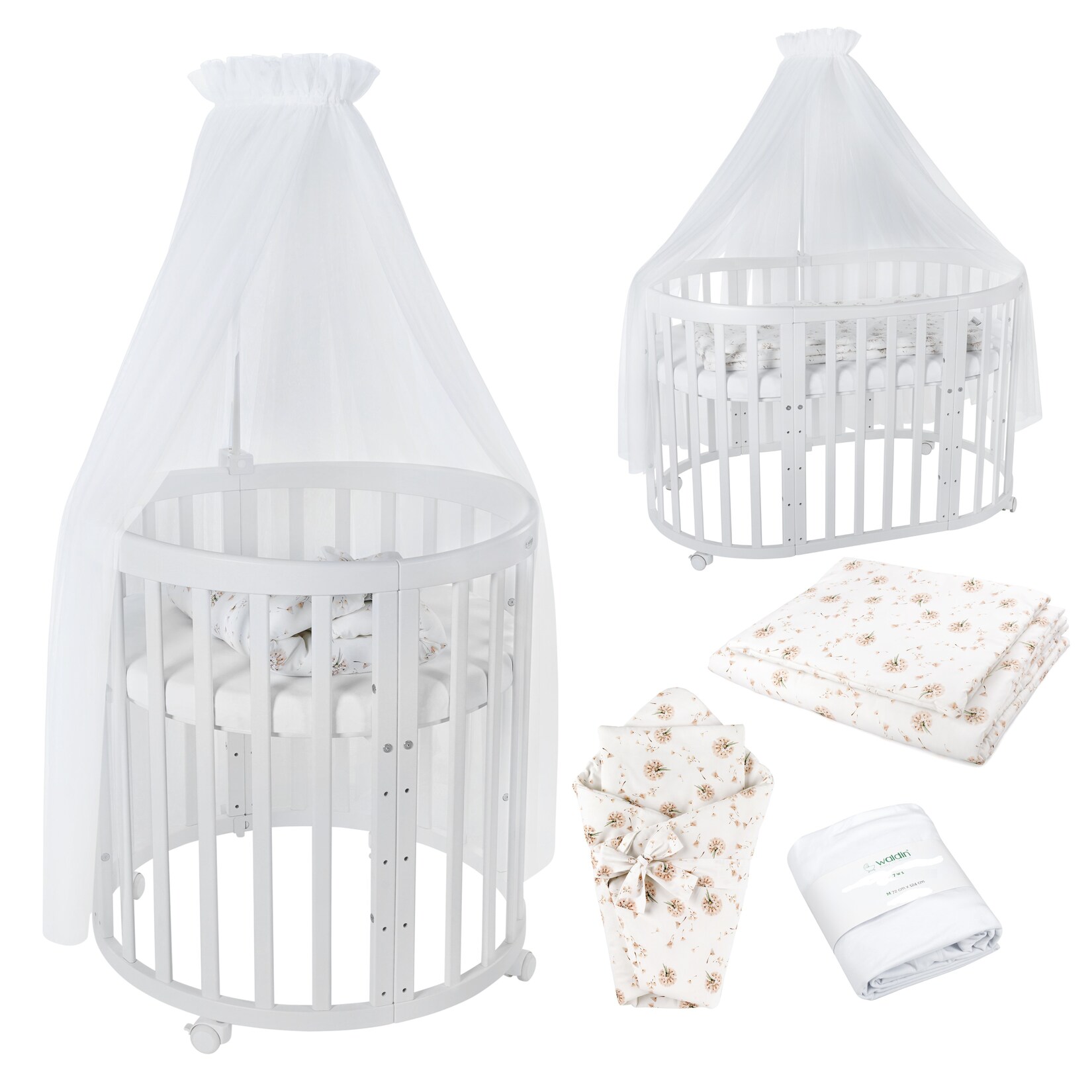 Waldin Babybett OWAL Kinderbett 7in1 mit Matratze, mitwachsendes Kinder-Bett