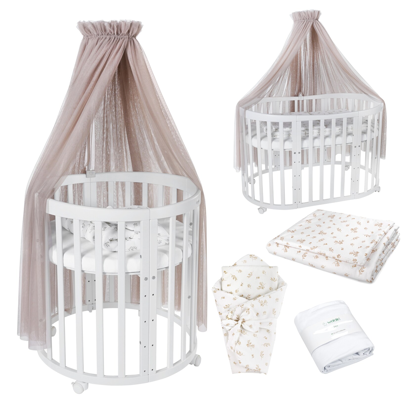 Waldin Babybett OWAL Kinderbett 7in1 mit Matratze, mitwachsendes Kinder-Bett