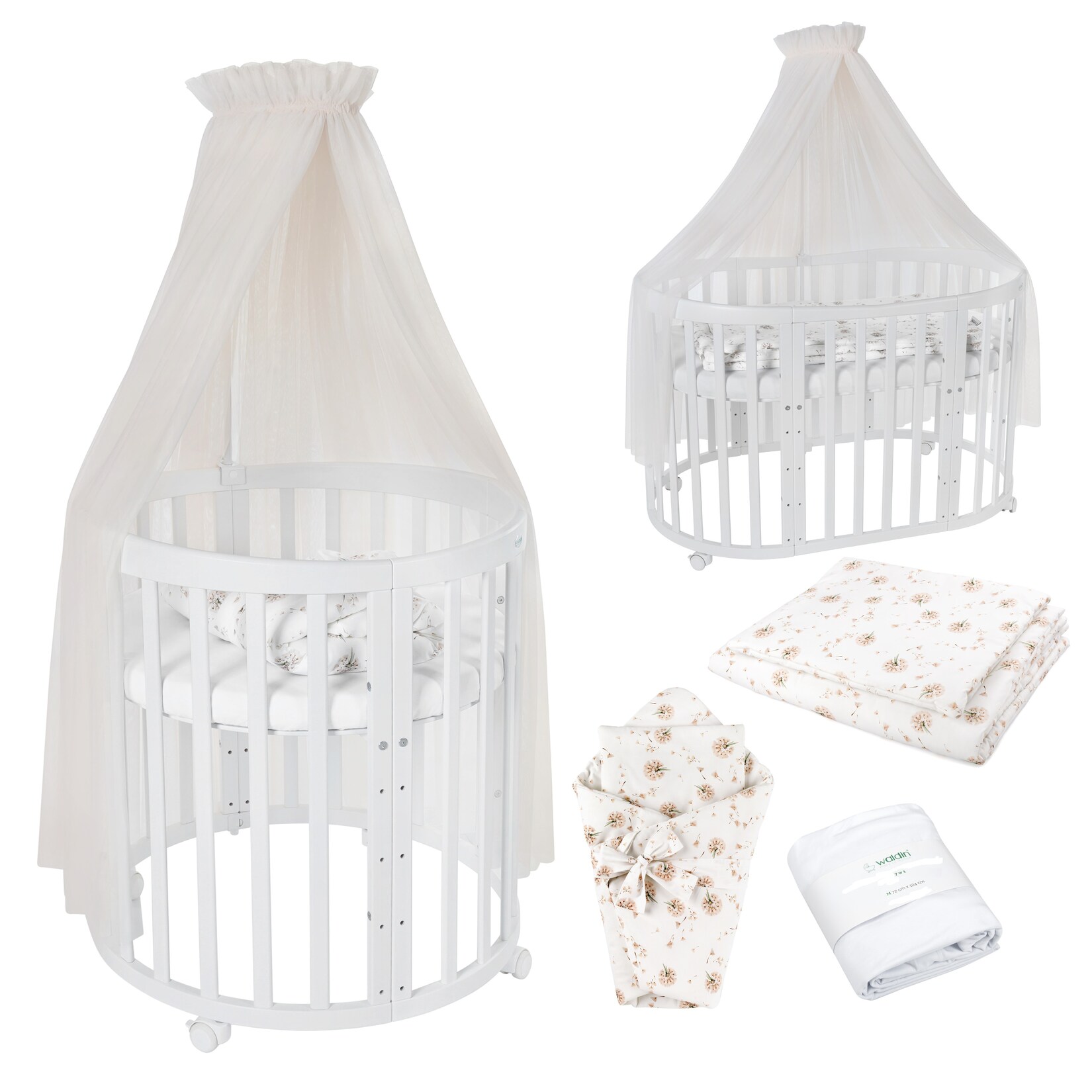 Waldin Babybett OWAL Kinderbett 7in1 mit Matratze, mitwachsendes Kinder-Bett