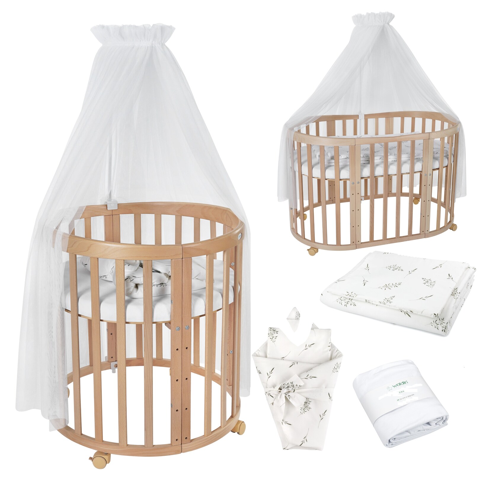 Waldin Babybett OWAL Kinderbett 7in1 mit Matratze, mitwachsendes Kinder-Bett