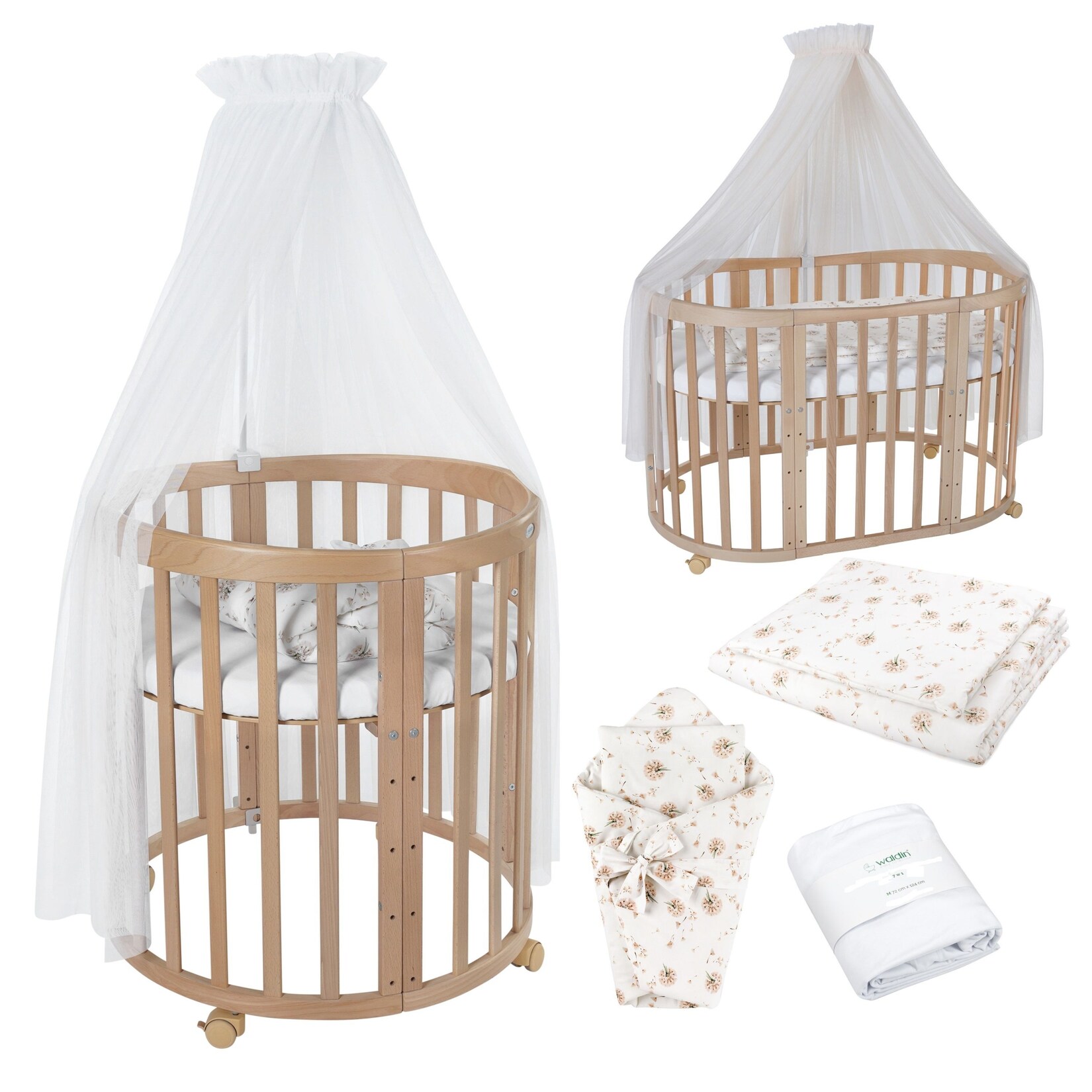 Waldin Babybett OWAL Kinderbett 7in1 mit Matratze, mitwachsendes Kinder-Bett