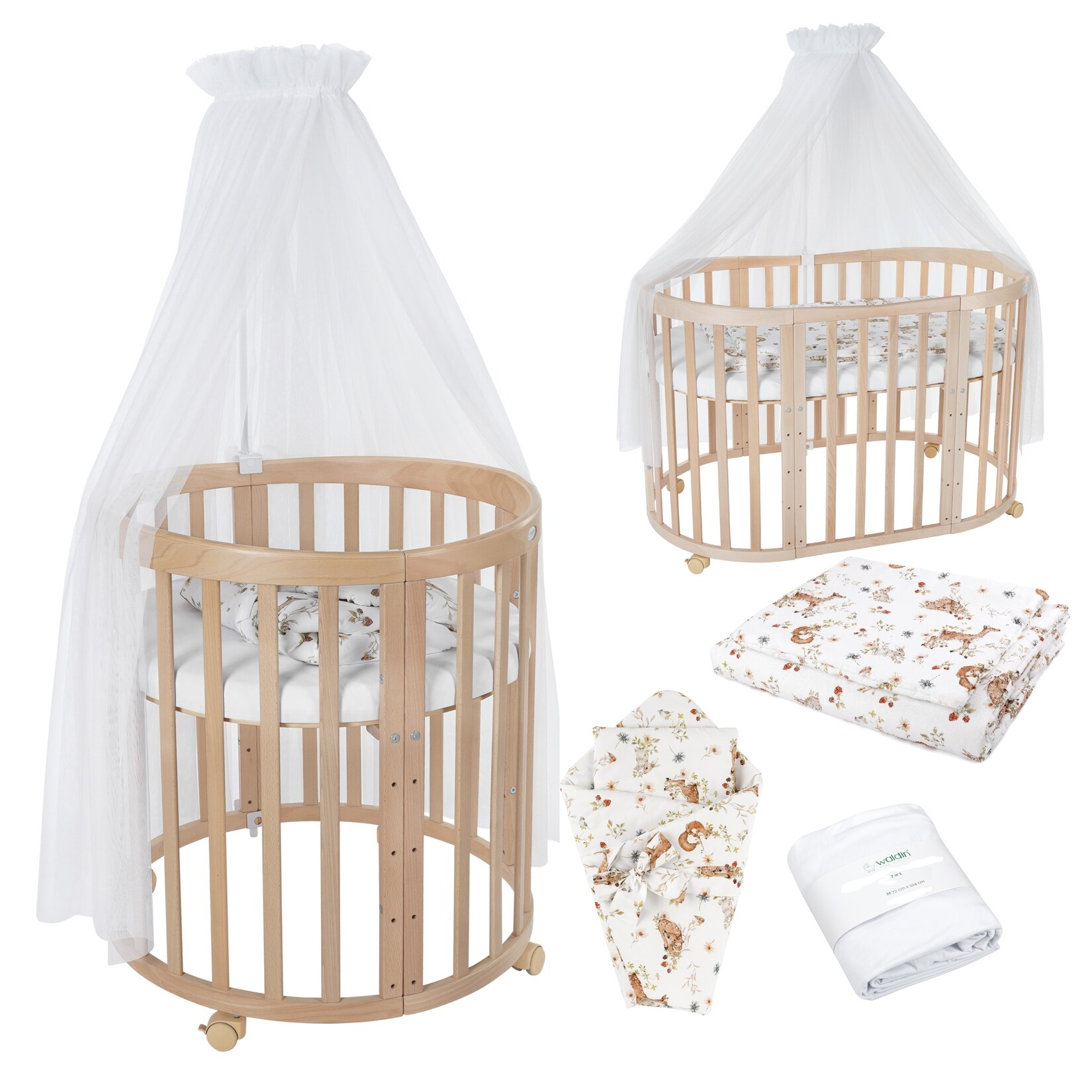 Waldin Babybett OWAL Kinderbett 7in1 mit Matratze, mitwachsendes Kinder-Bett