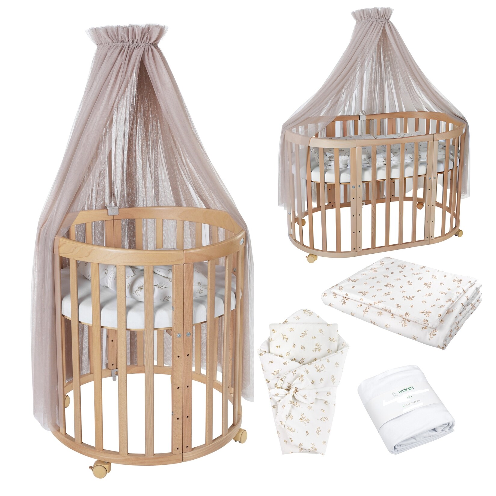 Waldin Babybett OWAL Kinderbett 7in1 mit Matratze, mitwachsendes Kinder-Bett