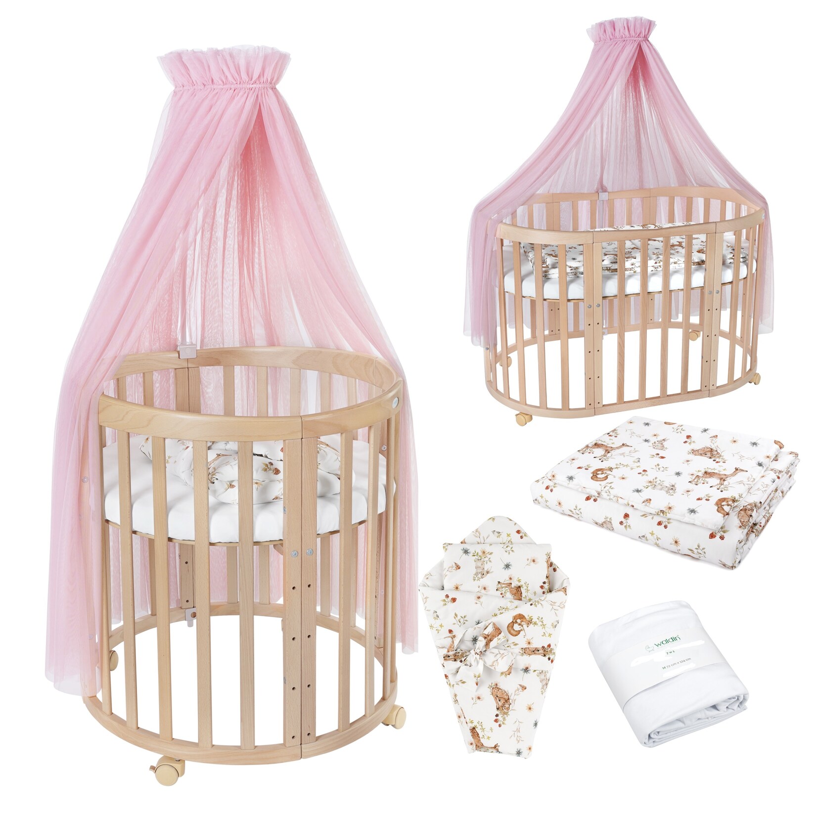 Waldin Babybett OWAL Kinderbett 7in1 mit Matratze, mitwachsendes Kinder-Bett