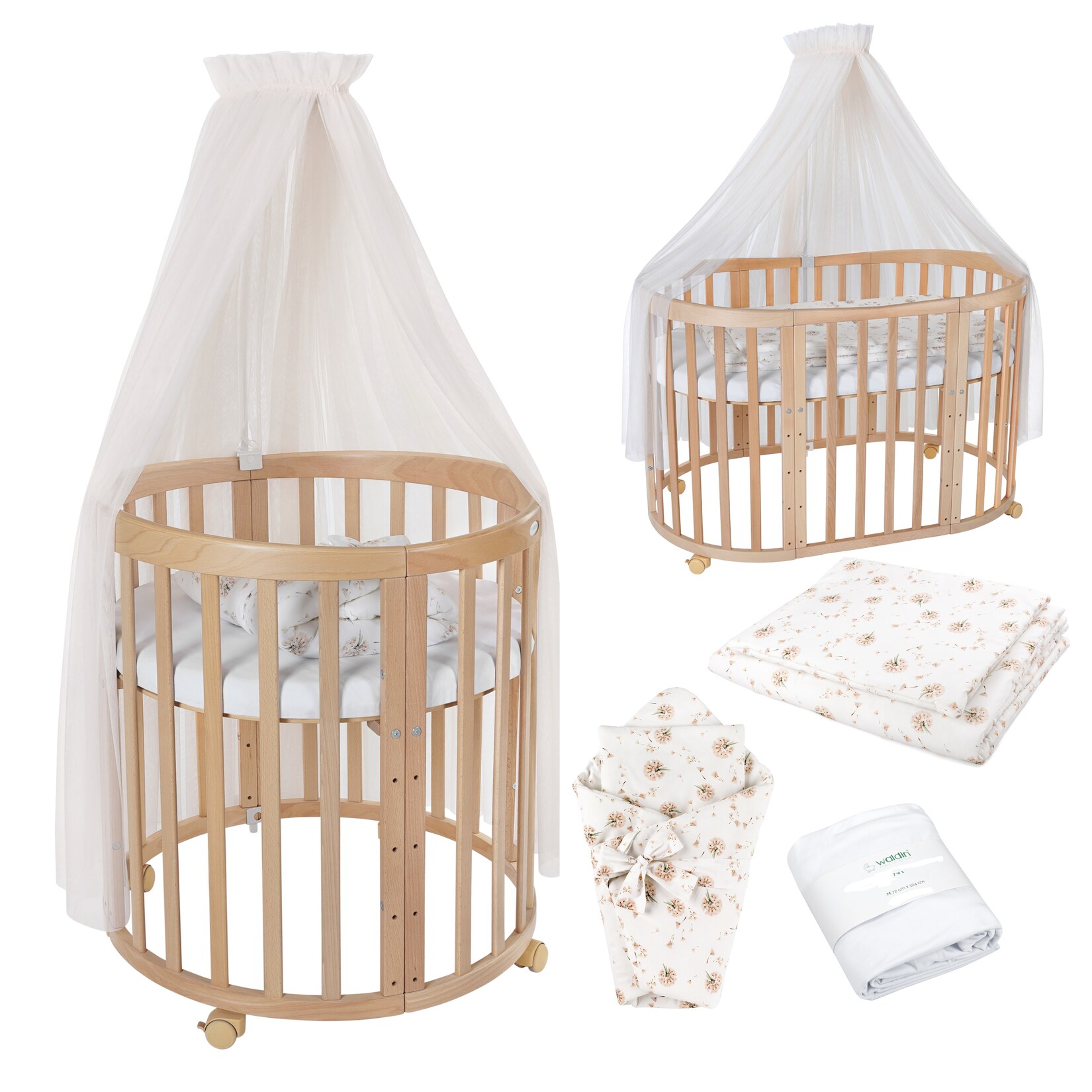 Waldin Babybett OWAL Kinderbett 7in1 mit Matratze, mitwachsendes Kinder-Bett