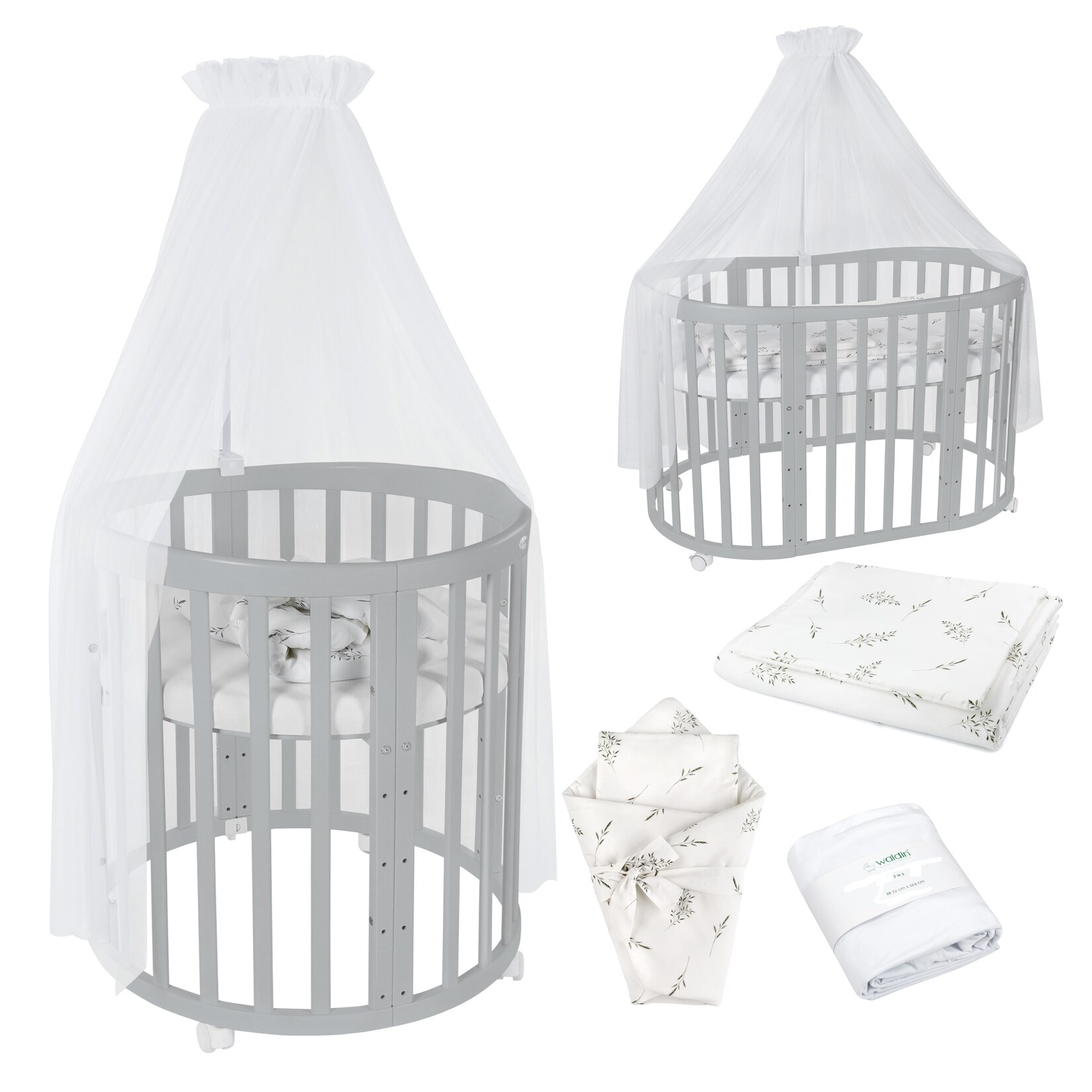 Waldin Babybett OWAL Kinderbett 7in1 mit Matratze, mitwachsendes Kinder-Bett