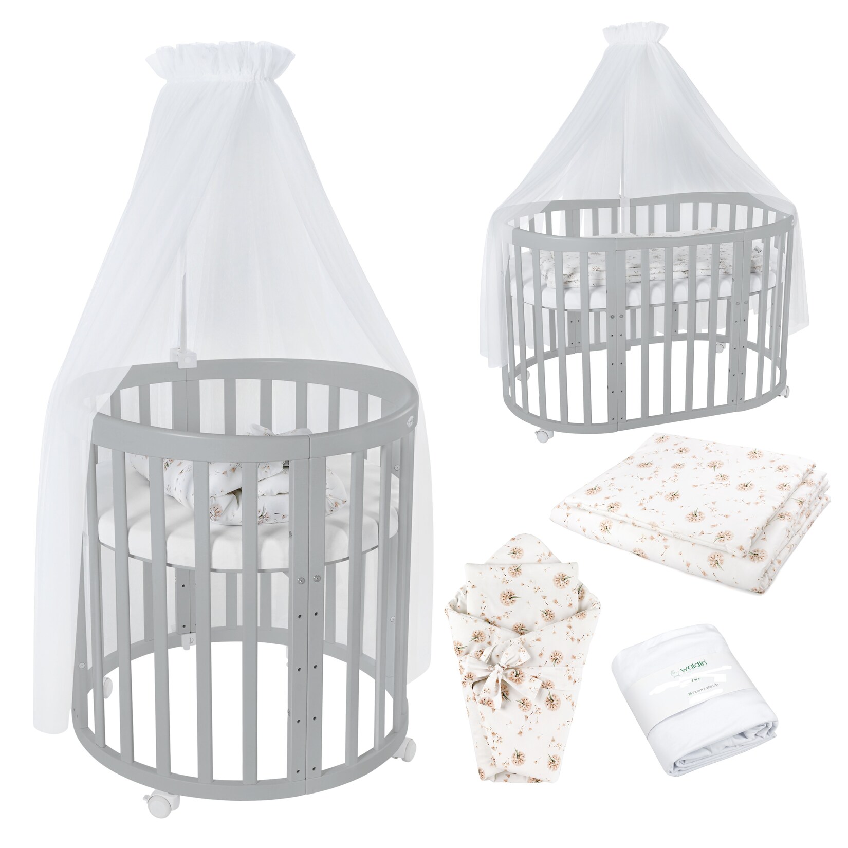 Waldin Babybett OWAL Kinderbett 7in1 mit Matratze, mitwachsendes Kinder-Bett