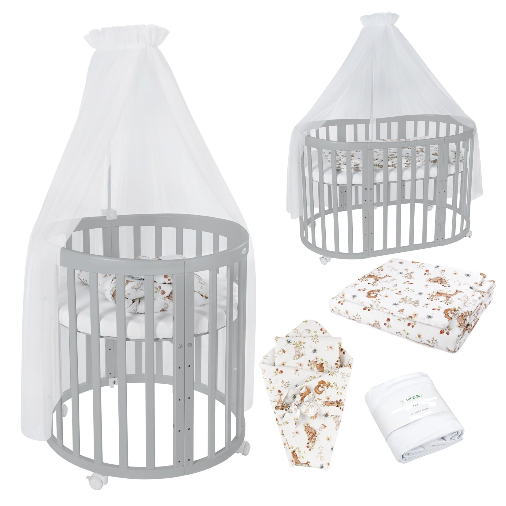 Waldin Babybett OWAL Kinderbett 7in1 mit Matratze, mitwachsendes Kinder-Bett