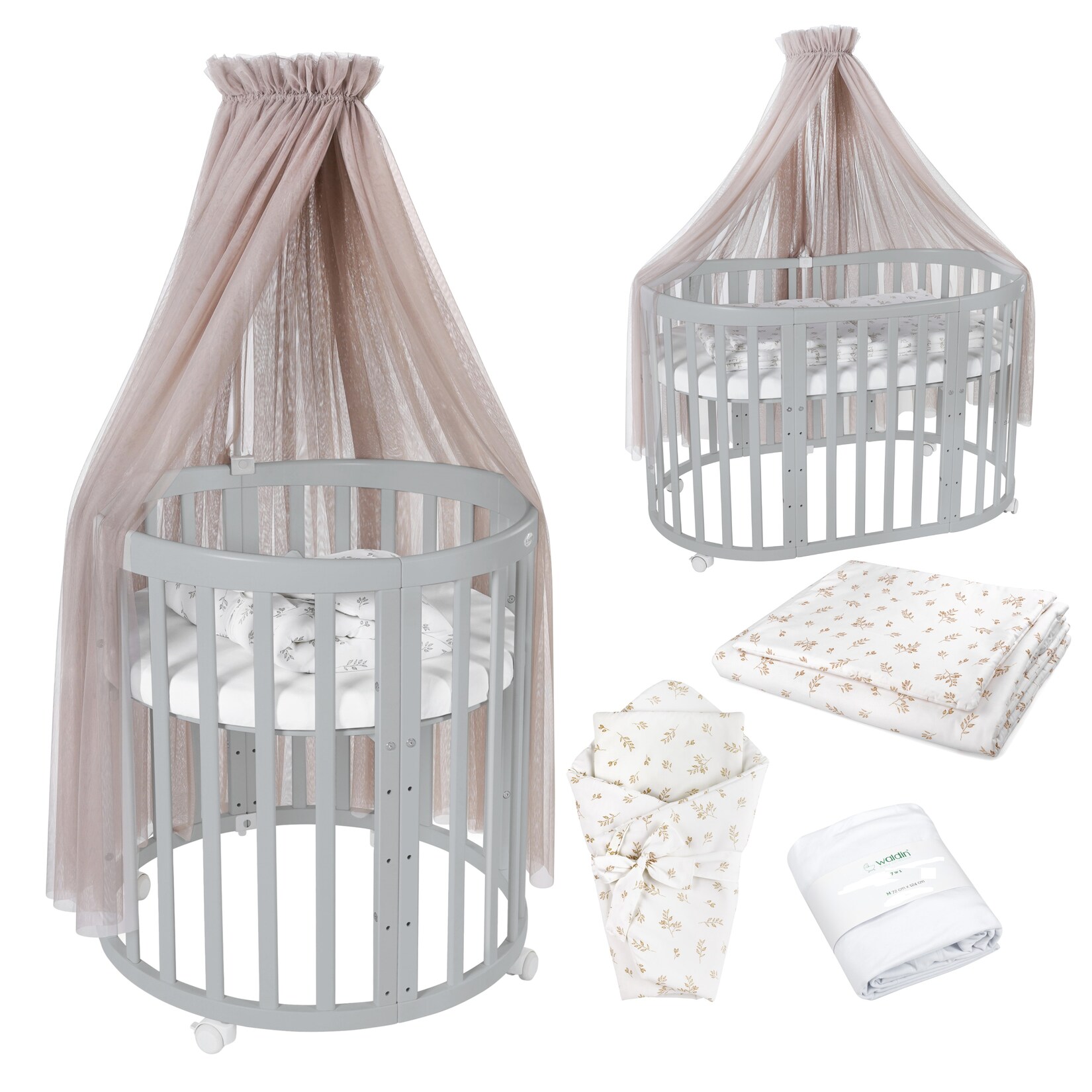 Waldin Babybett OWAL Kinderbett 7in1 mit Matratze, mitwachsendes Kinder-Bett