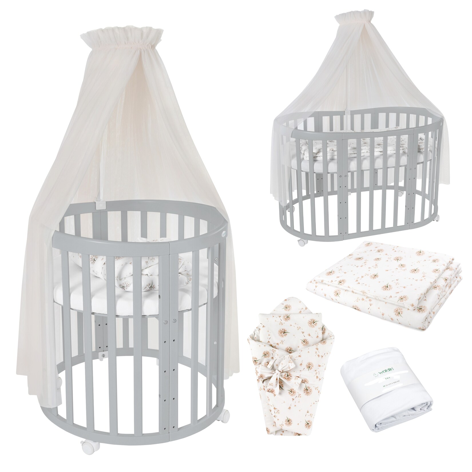 Waldin Babybett OWAL Kinderbett 7in1 mit Matratze, mitwachsendes Kinder-Bett