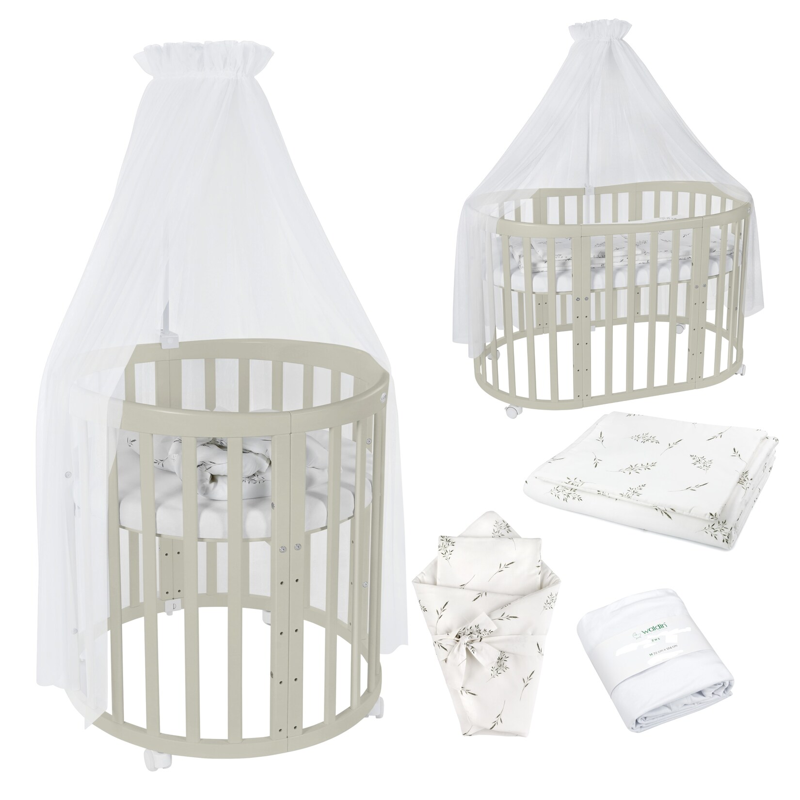 Waldin Babybett OWAL Kinderbett 7in1 mit Matratze, mitwachsendes Kinder-Bett