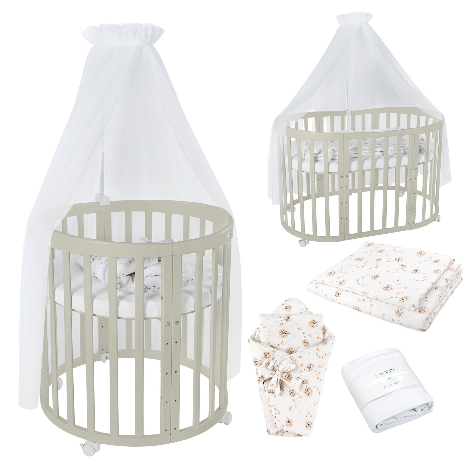 Waldin Babybett OWAL Kinderbett 7in1 mit Matratze, mitwachsendes Kinder-Bett | 05904844917058