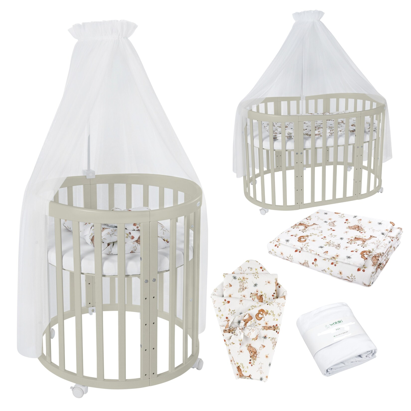Waldin Babybett OWAL Kinderbett 7in1 mit Matratze, mitwachsendes Kinder-Bett