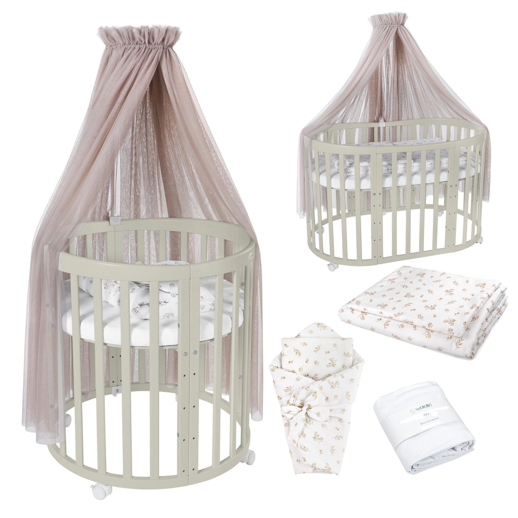 Waldin Babybett OWAL Kinderbett 7in1 mit Matratze, mitwachsendes Kinder-Bett