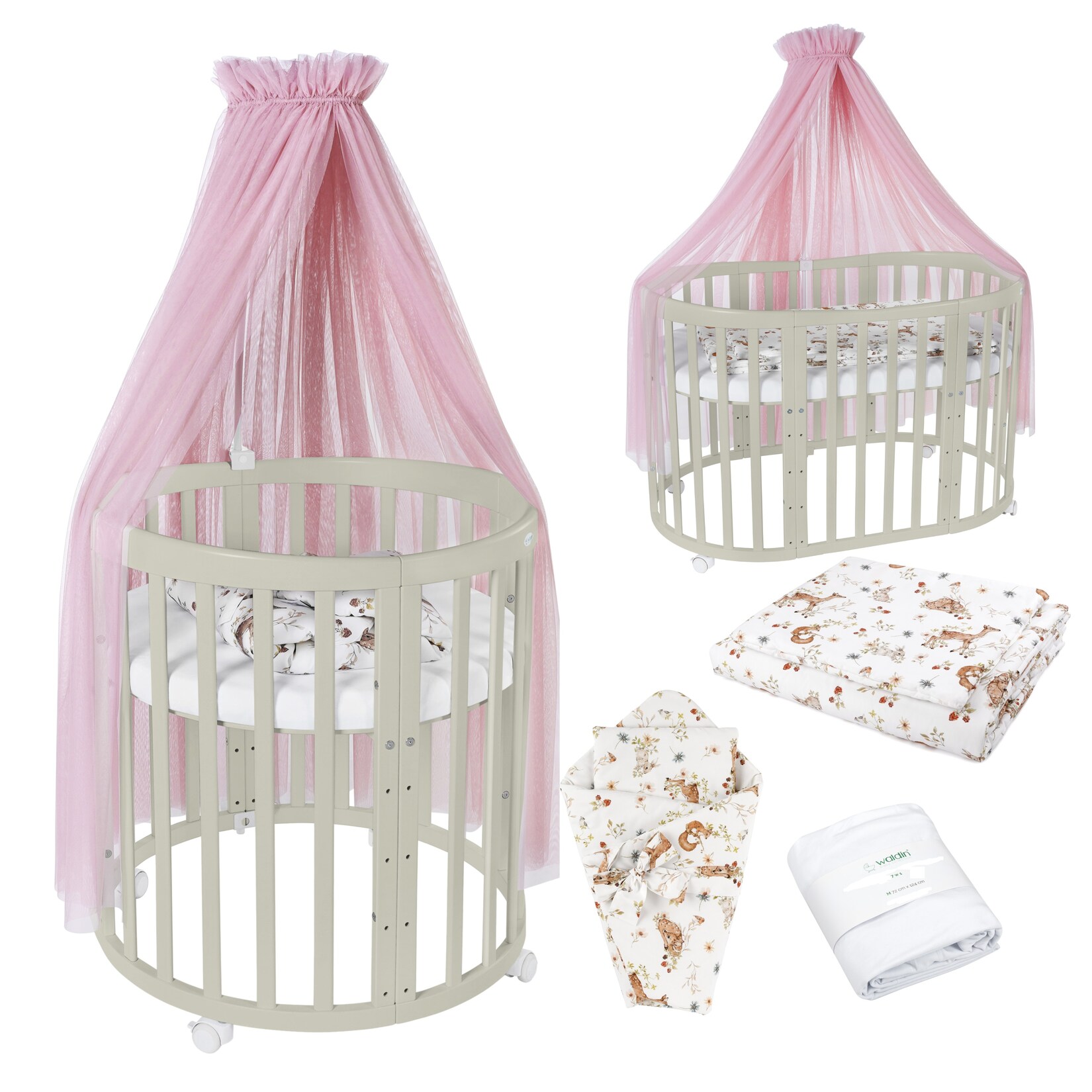 Waldin Babybett OWAL Kinderbett 7in1 mit Matratze, mitwachsendes Kinder-Bett