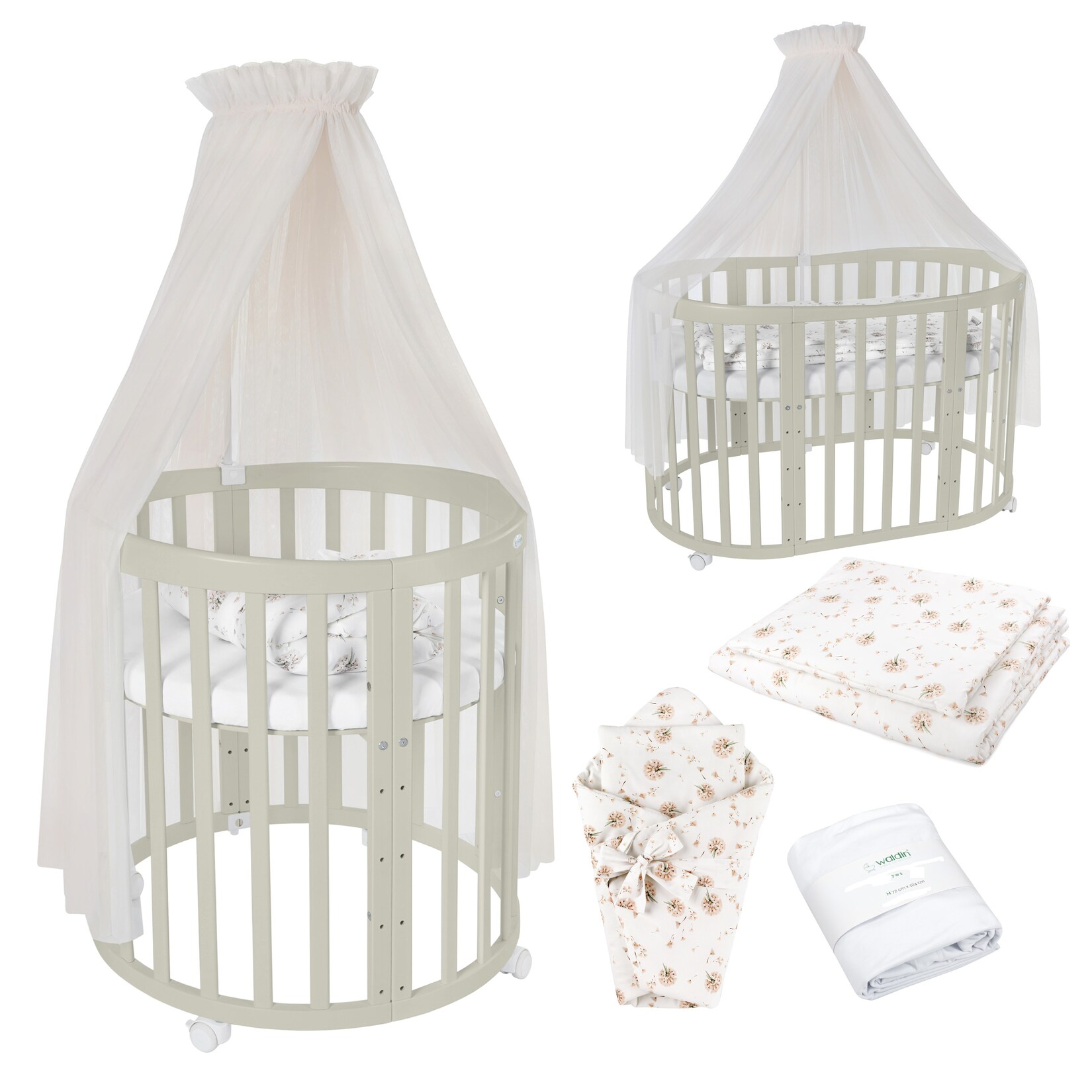 Waldin Babybett OWAL Kinderbett 7in1 mit Matratze, mitwachsendes Kinder-Bett
