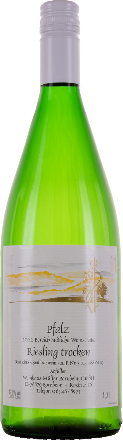 Weinhaus M&uuml;ller Bornheim Pfalz Riesling Wei&szlig;wein trocken 11,5 % vol. 1 Liter Flasche Anzahl 1 Flasche - Bild 1