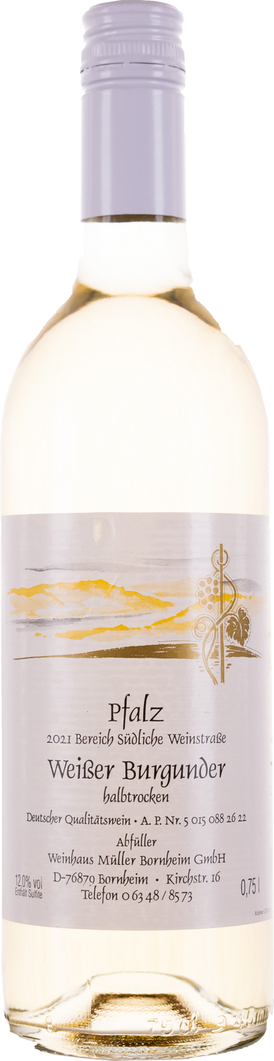 Weinhaus M&uuml;ller Bornheim Pfalz Wei&szlig;er Burgunder Wei&szlig;wein halbtrocken 12 % vol. 0.75 Liter Flasche Anzahl 1 Flasche - Bild 1