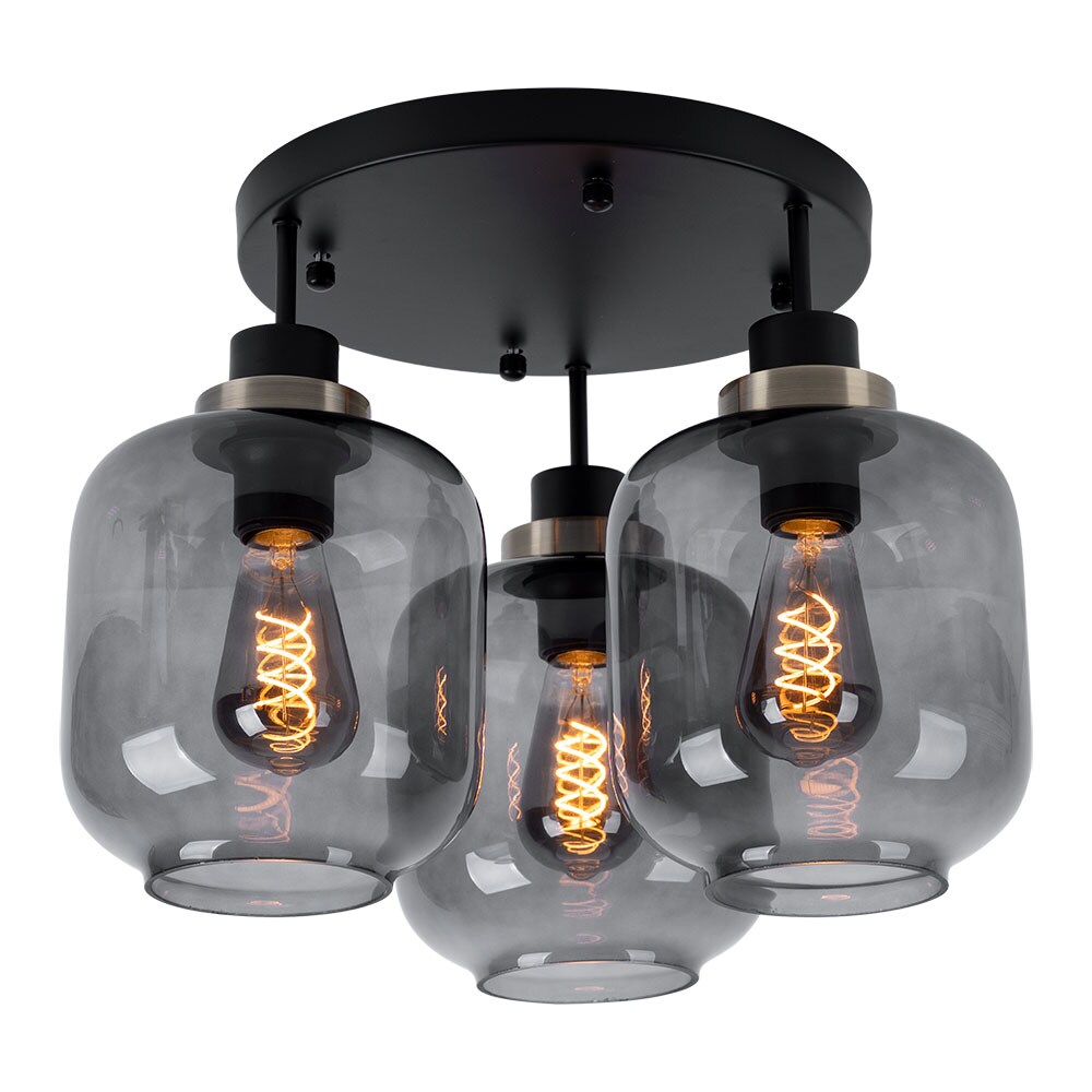 Deckenlampe, Metall Glasschirm, schwarz matt rauch, 3x E27 - Bild 1