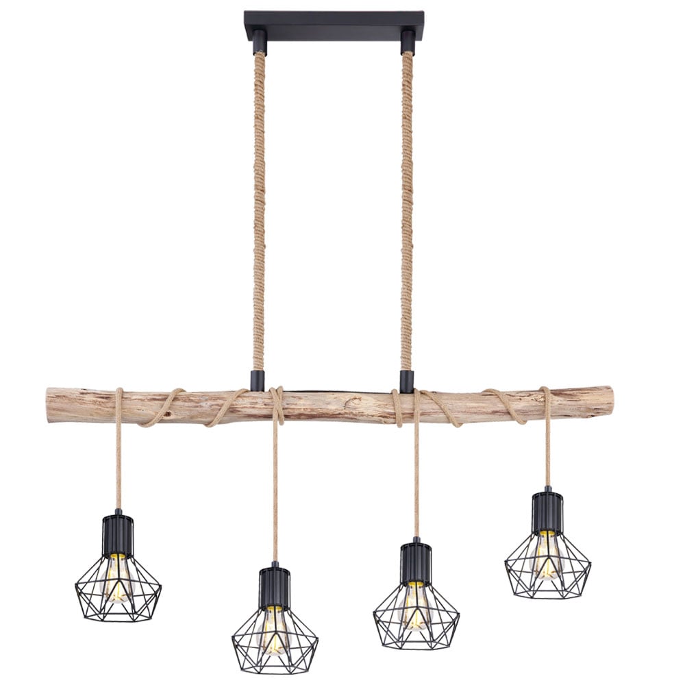 LED H&auml;ngeleuchte, K&auml;fig, Holzbalken natur, Hanfseil, L 100 cm - Bild 1