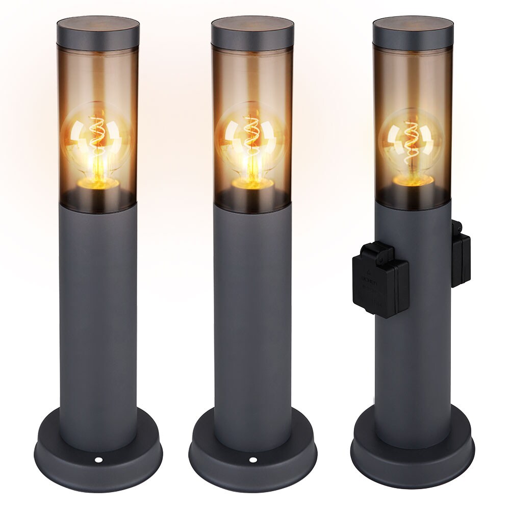 3er Set Sockelleuchte, Steckdosen, Edelstahl, H 45 cm - Bild 1