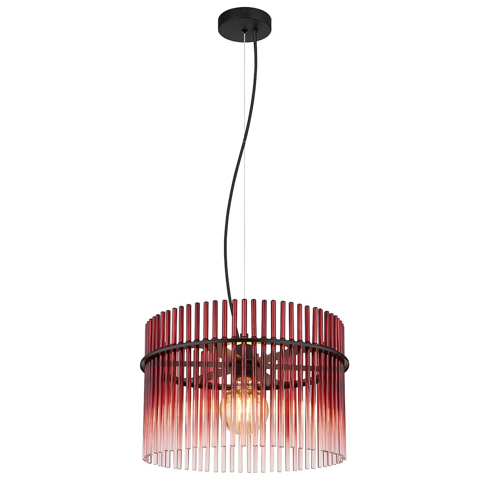 Pendelleuchte, Metall schwarz, Glasstäbe Rot, D 40 cm