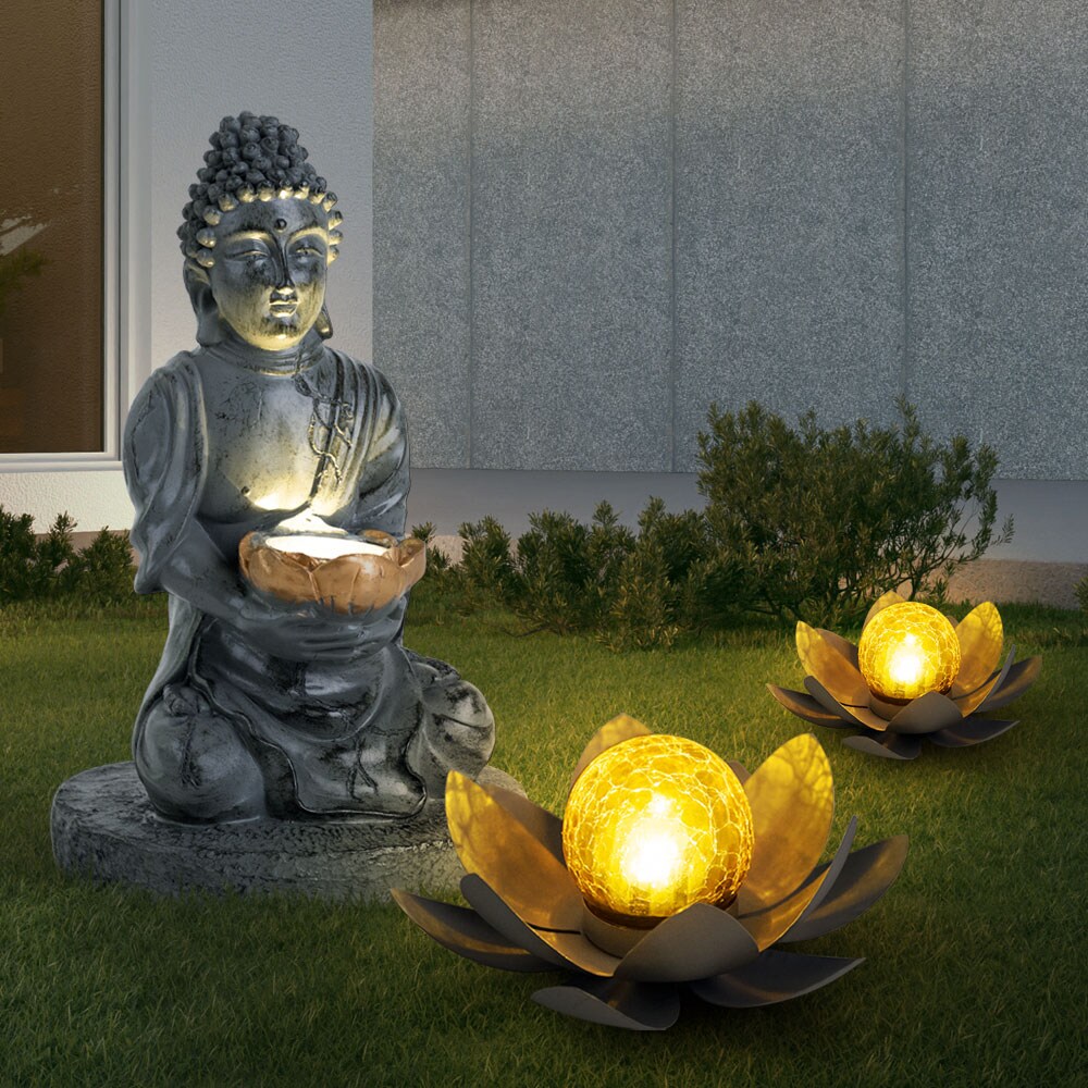 3er Set LED Solarleuchten, 2x Lotosblume, 1x Buddha - Bild 1