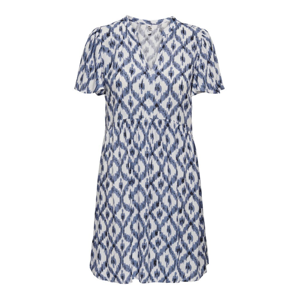 JDY Minikleid 'JDYSTARR LIFE S/S V-NECK DRESS WVN DIA' Cloud Dancer Aztek Blue, Motivprint, Blau - Gr. 40 - Bild 1