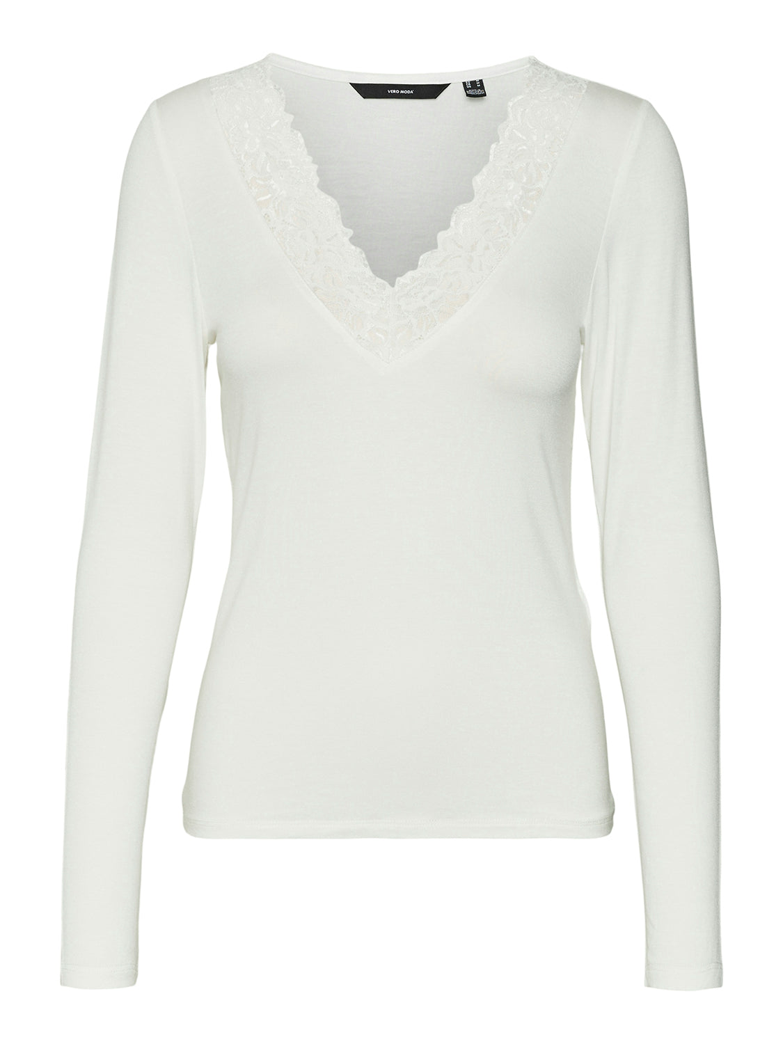 VERO MODA Langarmshirt 'VMROSA LS V-NECK LACE TOP GA JRS NOOS' Snow White, Unifarben, Wei&szlig; - Gr. S - Bild 1