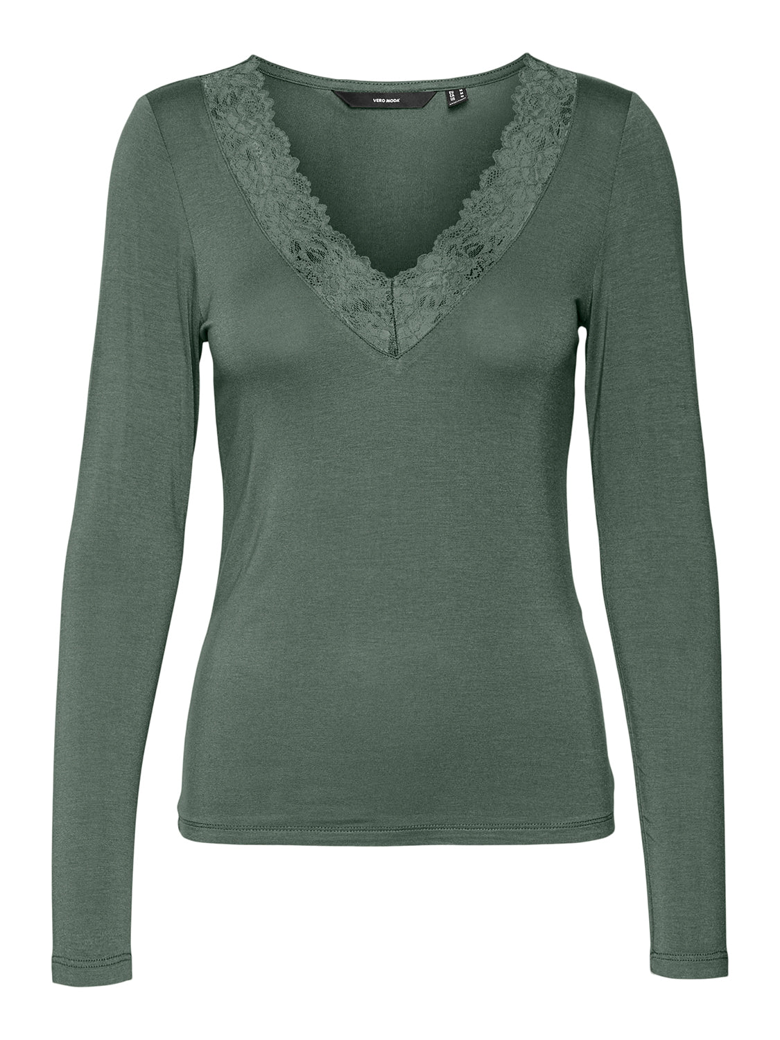 VERO MODA Langarmshirt 'VMROSA LS V-NECK LACE TOP GA JRS NOOS' Laurel Wreath, Unifarben, Gr&uuml;n - Gr. XL - Bild 1