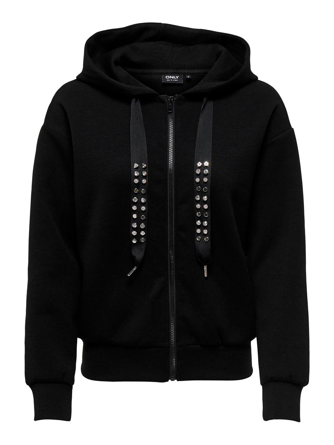 ONLY Sweatjacke 'ONLFANCY L/S ZIP HOOD STRING SWT' Black Studs+rhinestones, Unifarben, Schwarz - Gr. M - Bild 1
