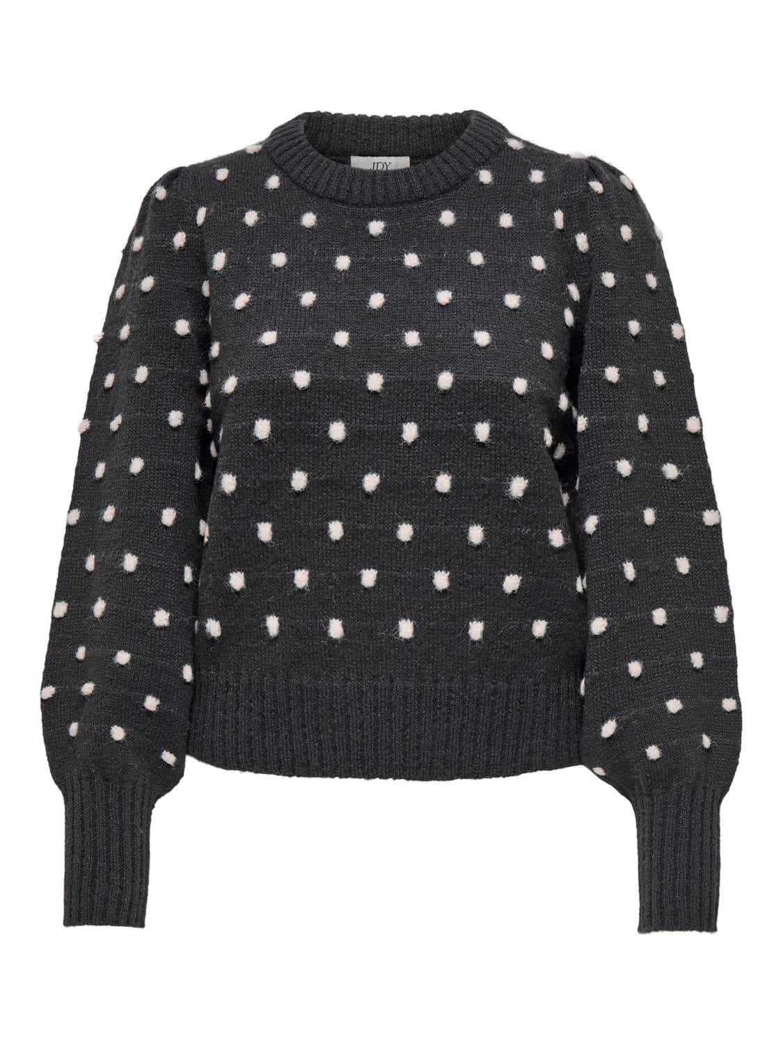 JDY Rundhalspullover 'JDYSIGRID LIFE L/S ON PUFF PULL KNT NOOS' Dark Grey Melange W. CEMENT DOTS, Gepunktet, Grau - Gr. L - Bild 1