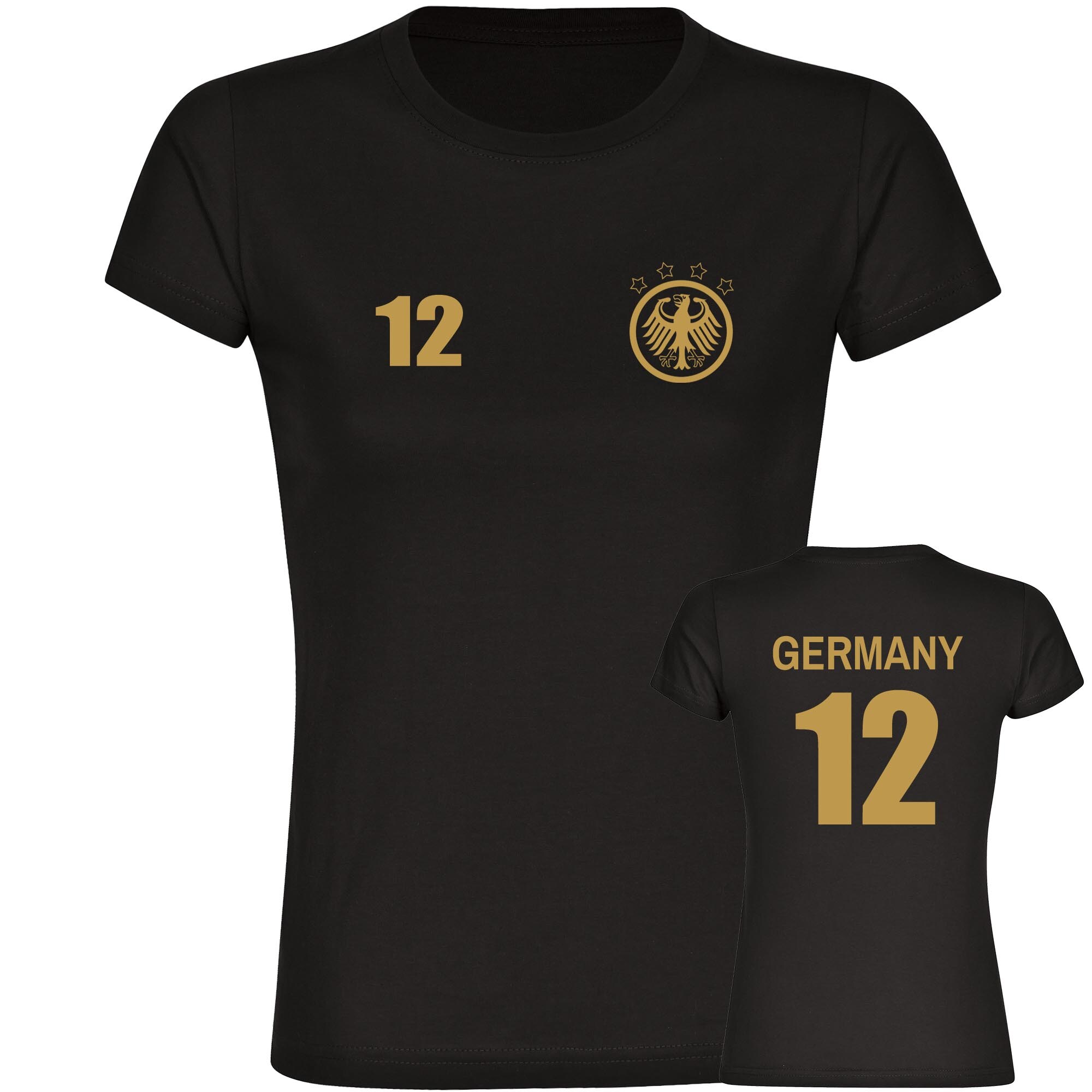 multifanshop Damen T-Shirt - Germany - Adler Retro Trikot 12 Gold - Druck gold metallic - Frauen - Bild 1